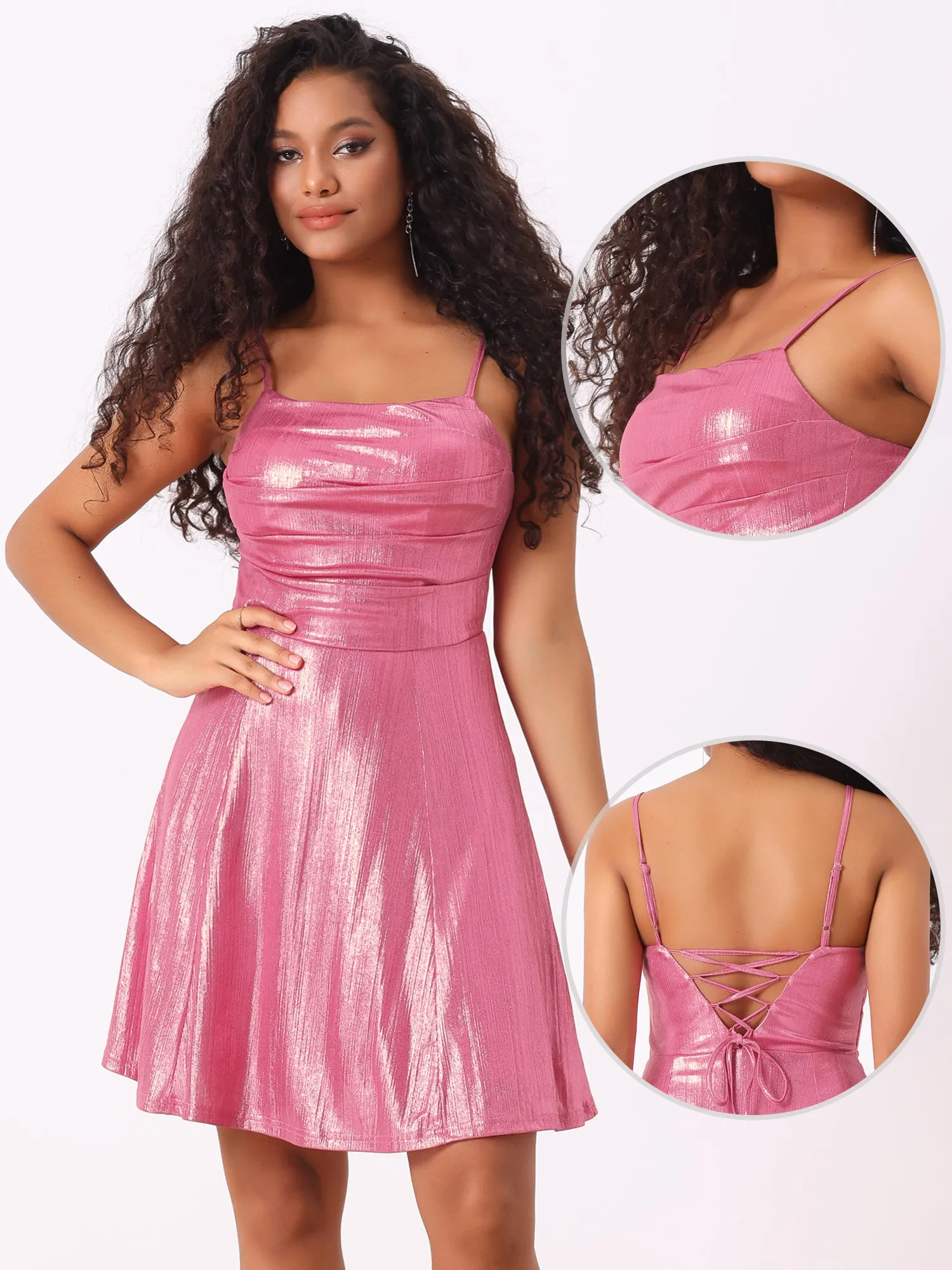 Sparkly Metallic Spaghetti Strap A-line Backless Mini Skater Dress sold by Allegra K