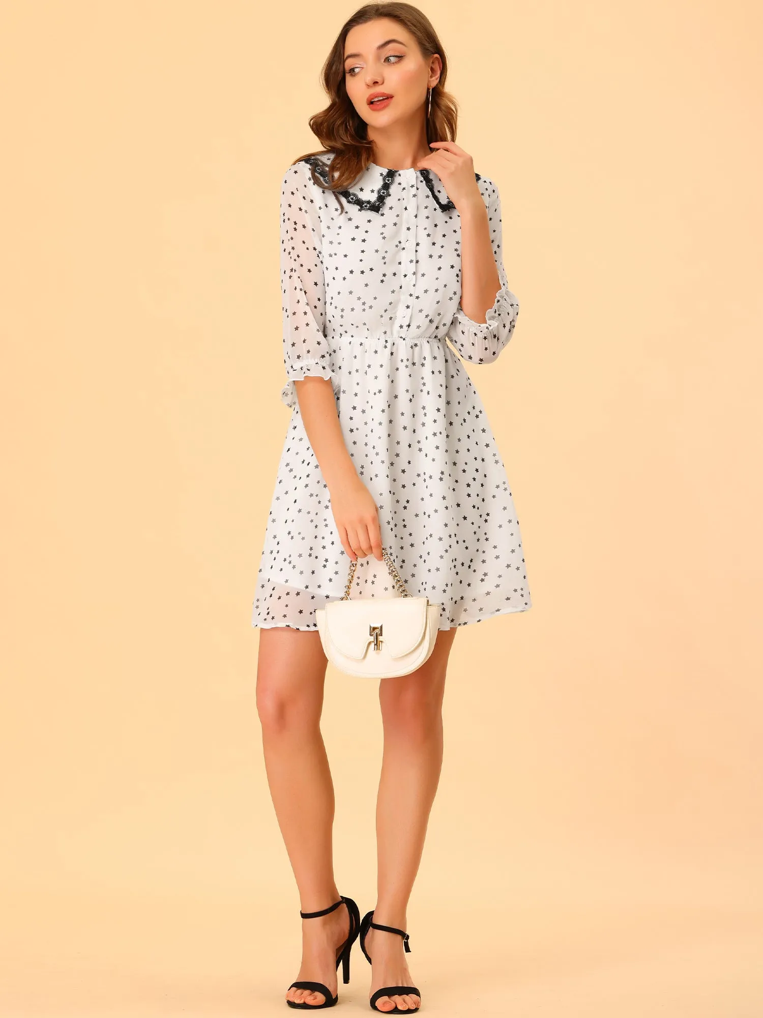 Peter Pan Collar Star Heart Printed 3/4 Sleeve Chiffon Dress sold by Allegra K product image thumbnail 3