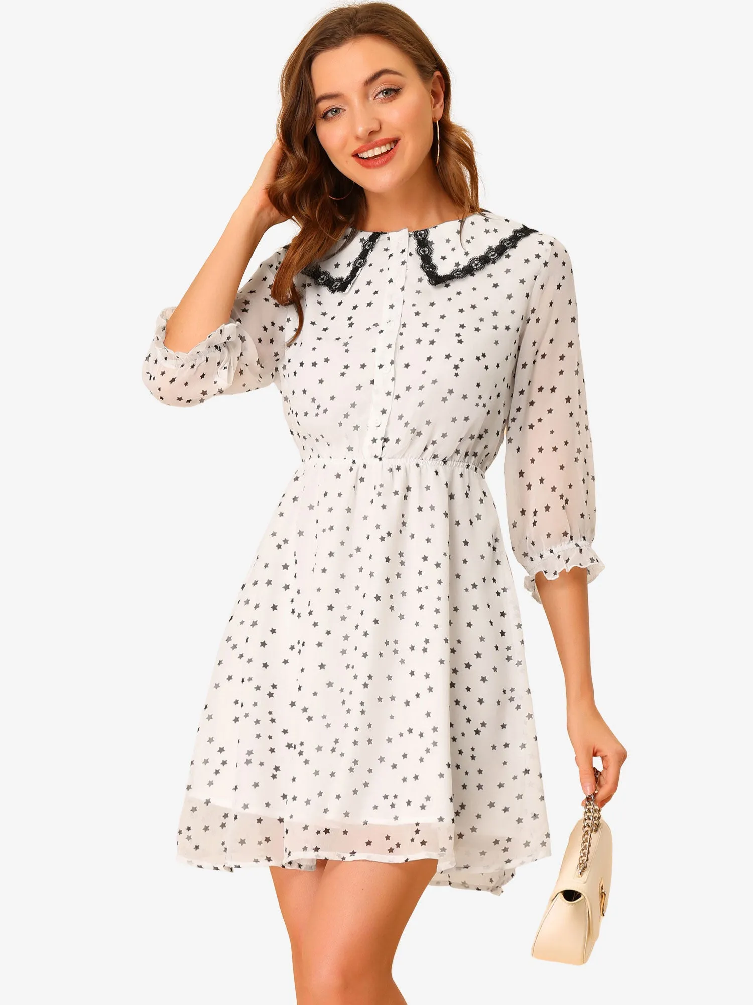 Peter Pan Collar Star Heart Printed 3/4 Sleeve Chiffon Dress sold by Allegra K