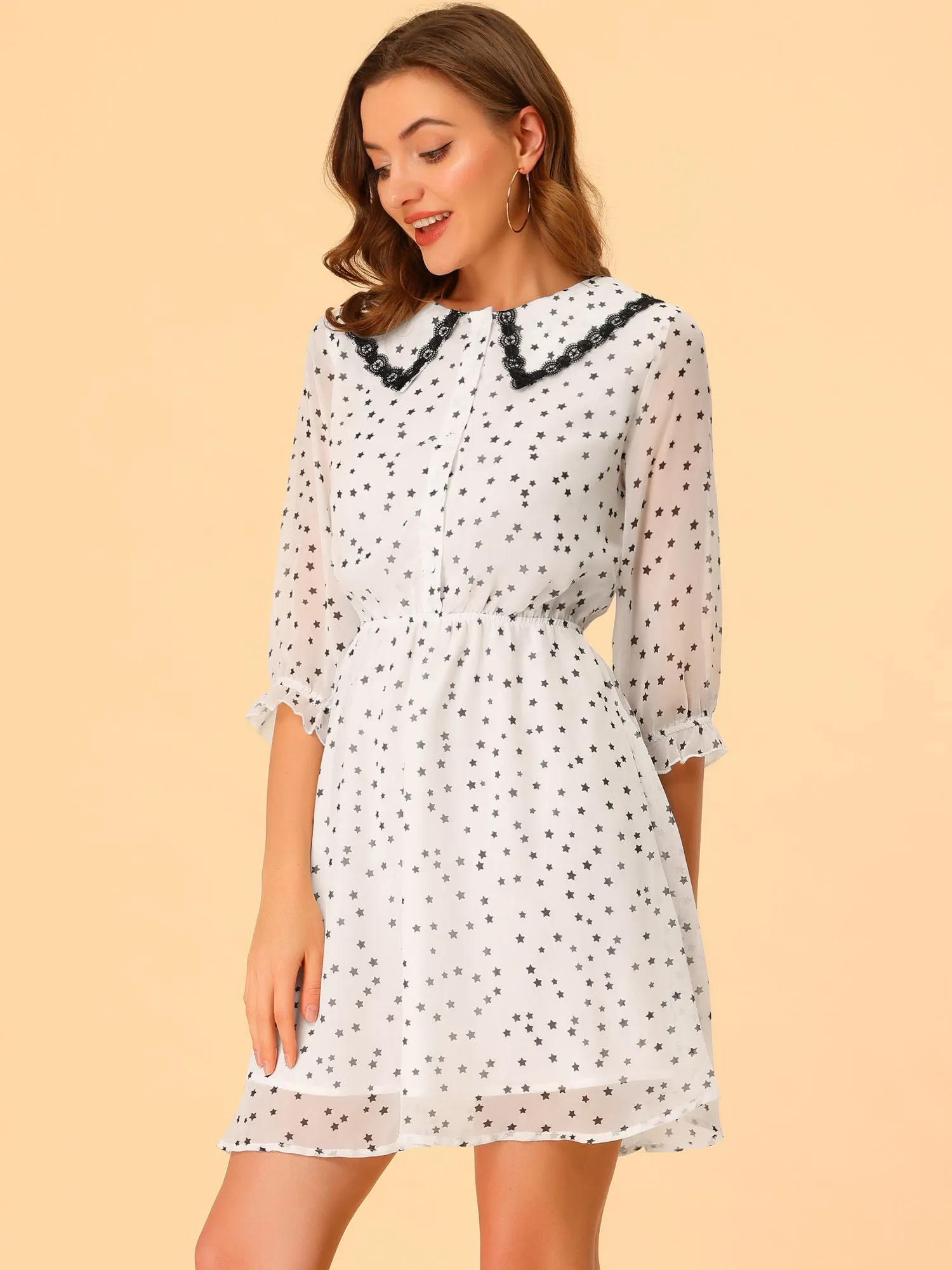 Peter Pan Collar Star Heart Printed 3/4 Sleeve Chiffon Dress sold by Allegra K product image thumbnail 4
