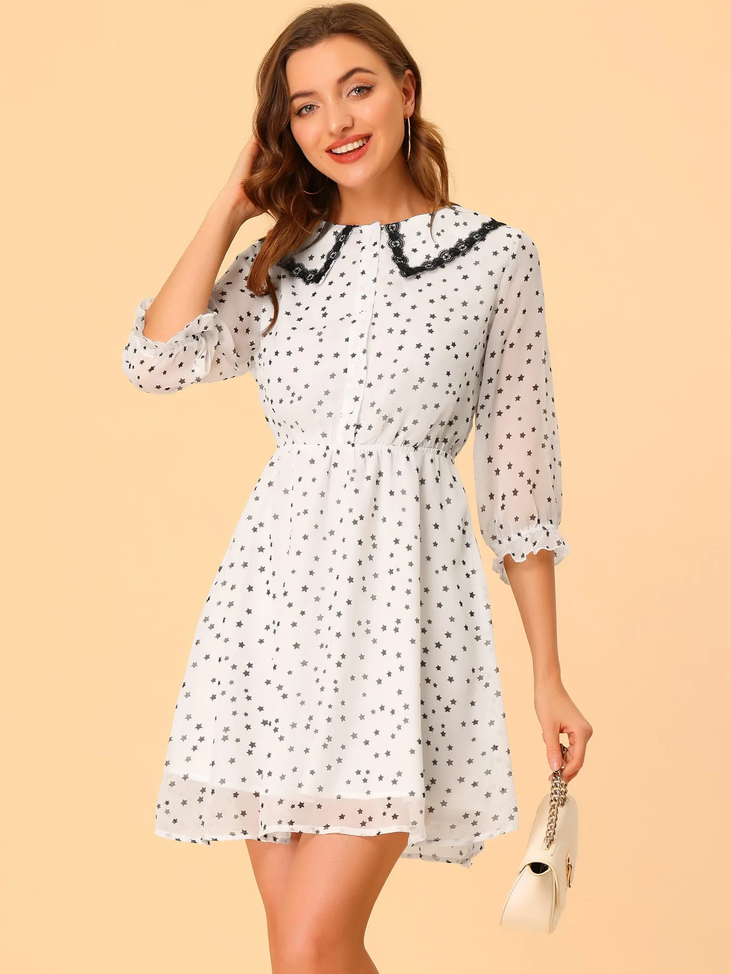 Peter Pan Collar Star Heart Printed 3/4 Sleeve Chiffon Dress sold by Allegra K product image thumbnail 2