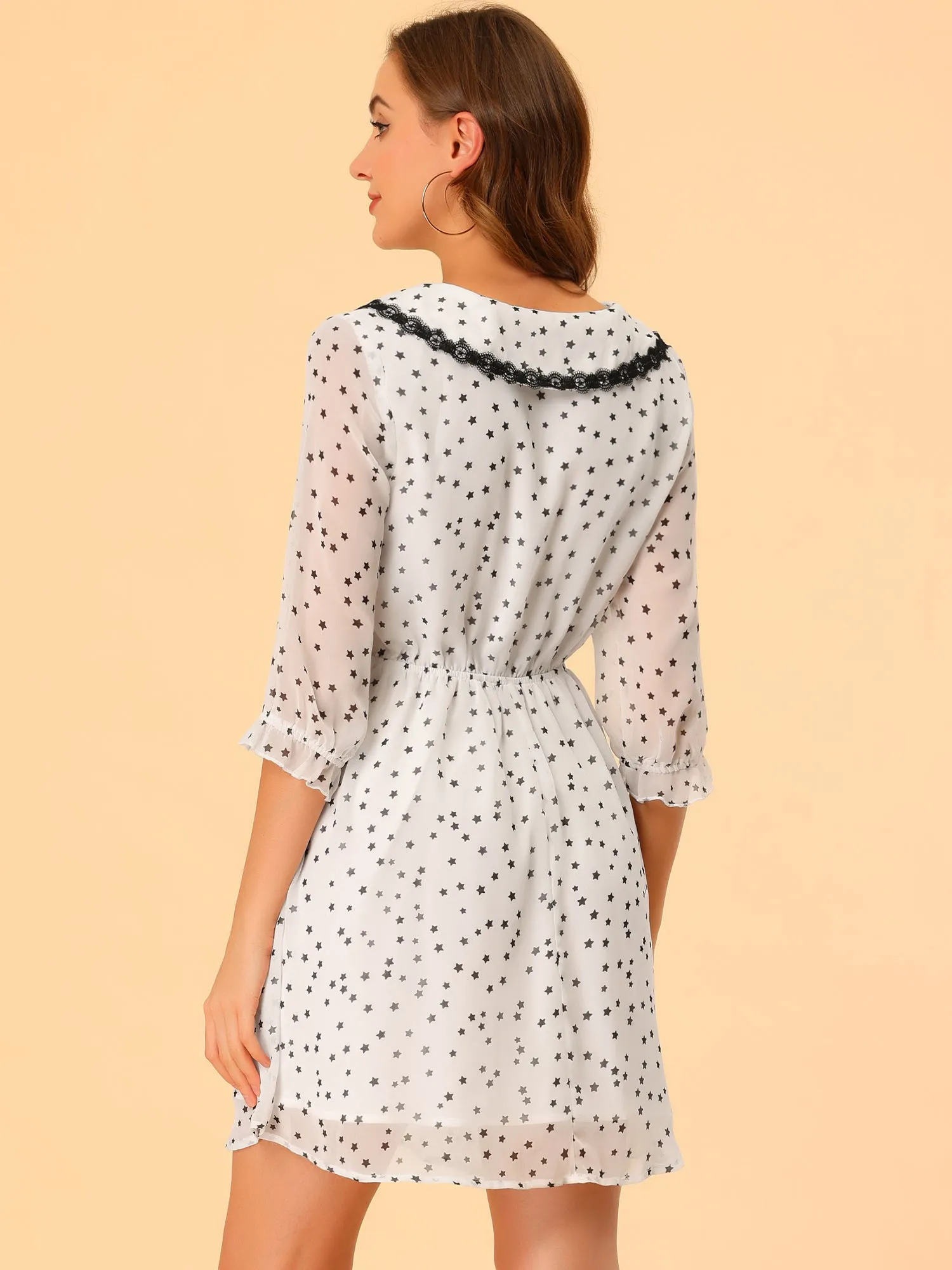 Peter Pan Collar Star Heart Printed 3/4 Sleeve Chiffon Dress sold by Allegra K product image thumbnail 5