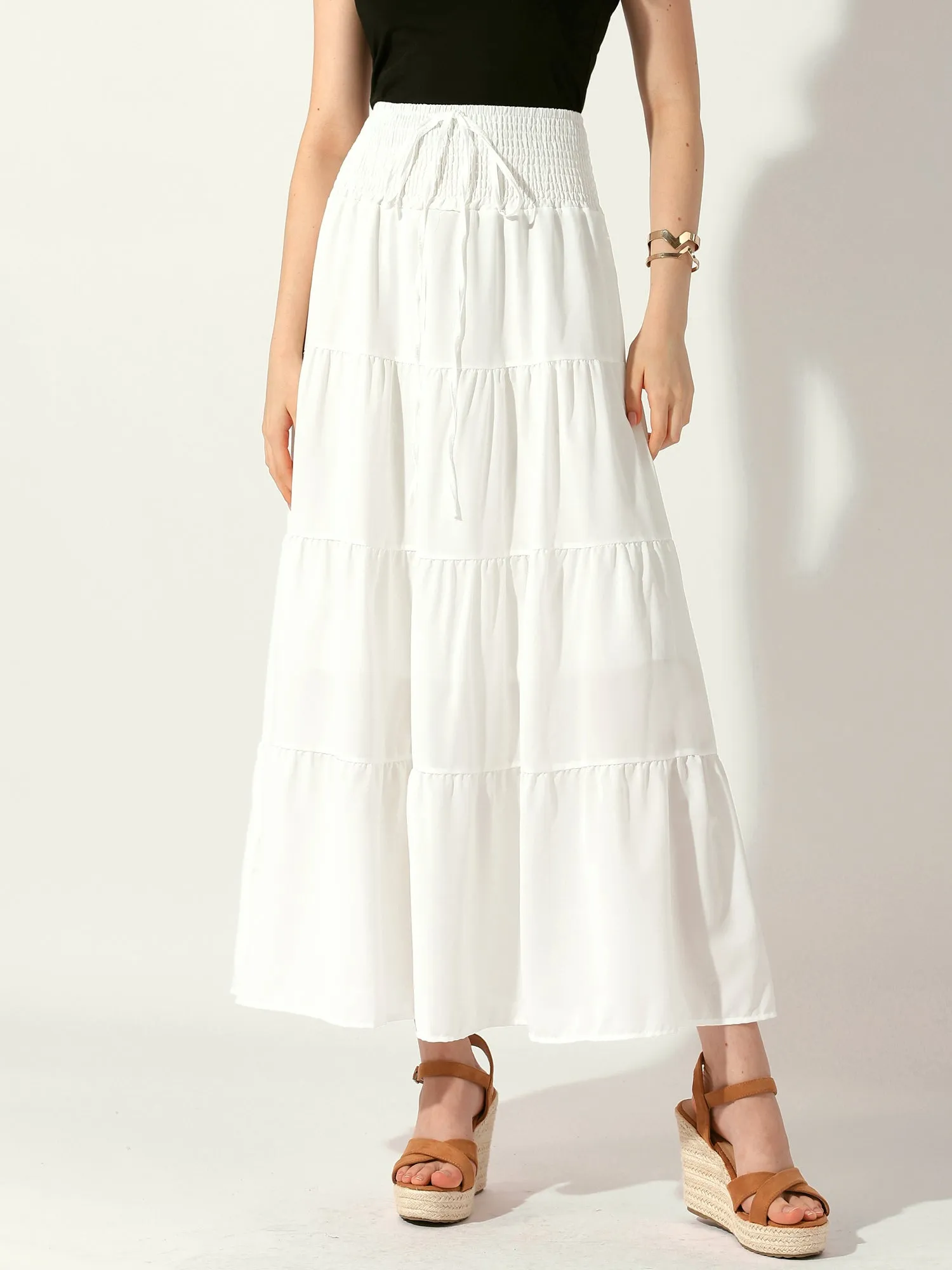 Smocked Elastic Waist Tiered A-Line Maxi Skirt sold by Allegra K product image thumbnail 2