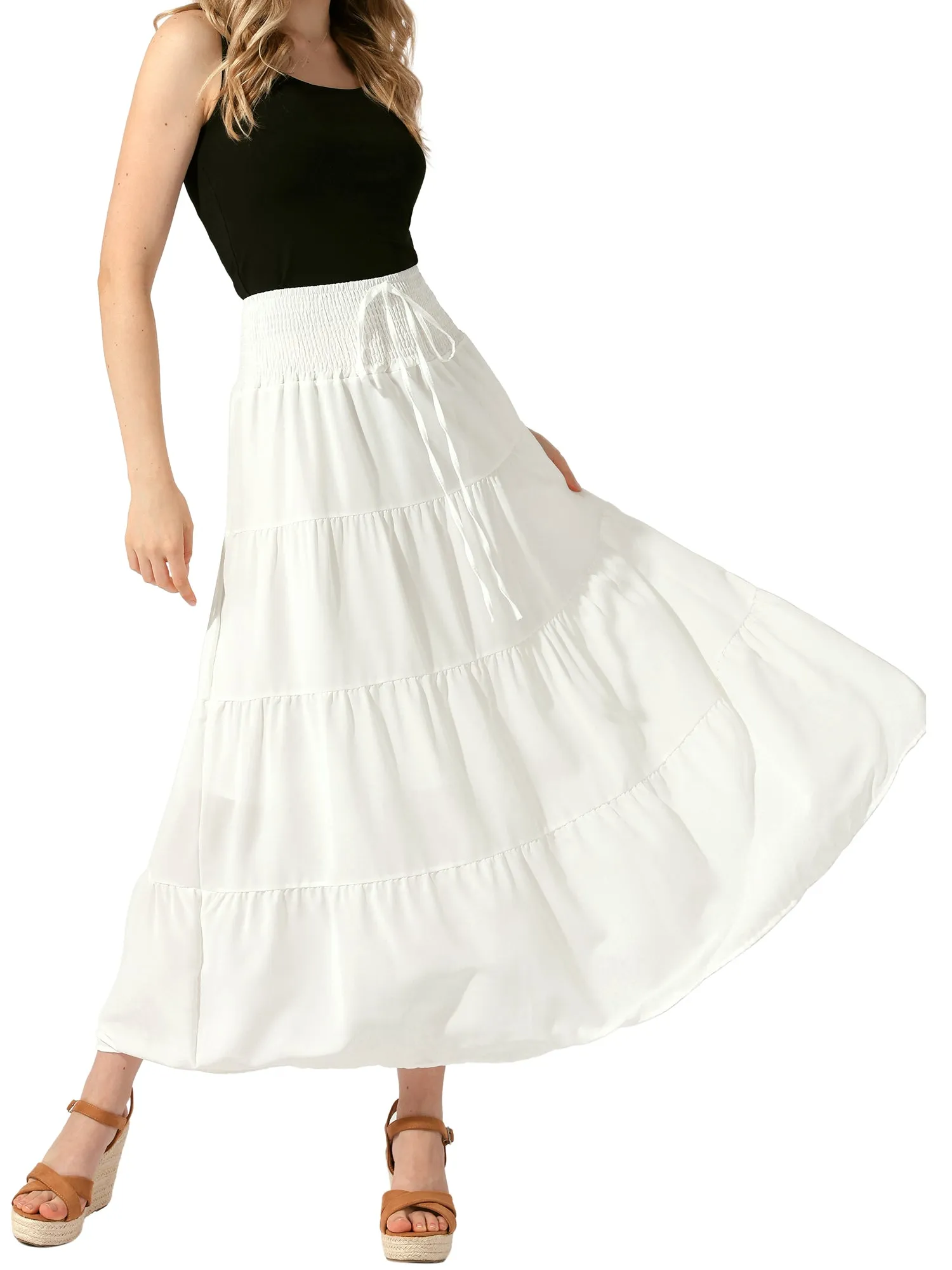 Smocked Elastic Waist Tiered A-Line Maxi Skirt sold by Allegra K product image thumbnail 5