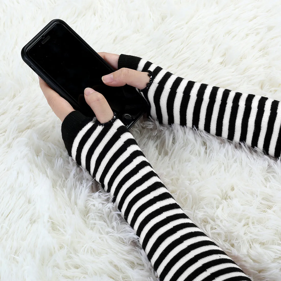 Fingerless Stripes Printed Elbow Arm Long Gloves Winter Warmers sold by Allegra K product image thumbnail 4