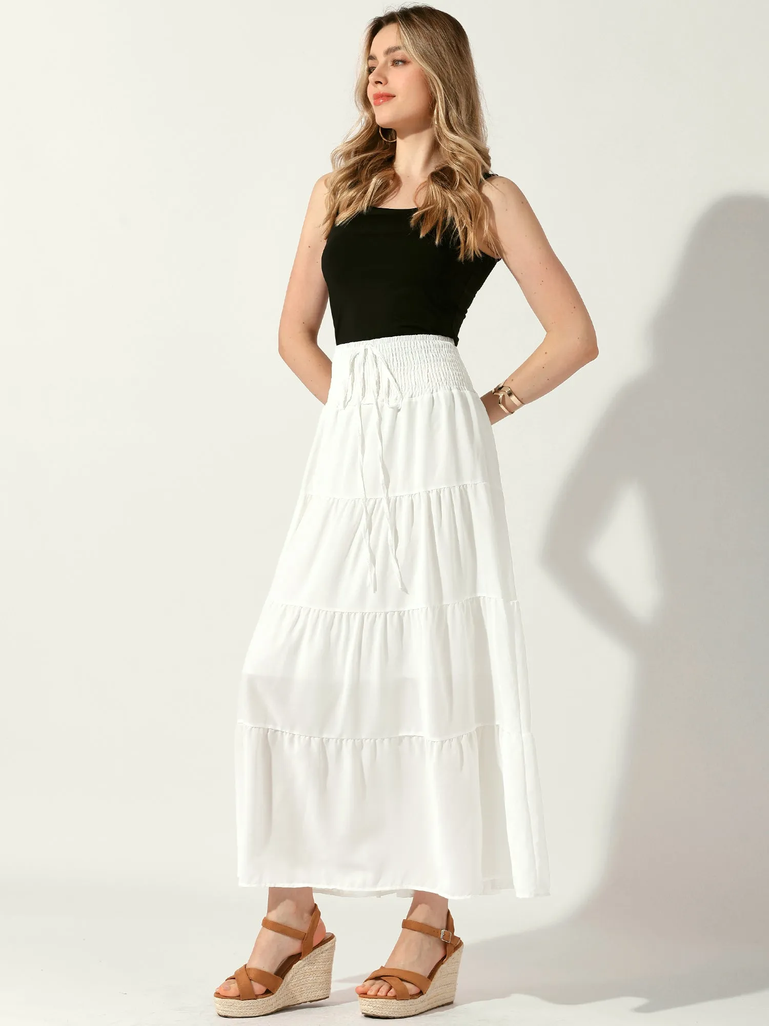 Smocked Elastic Waist Tiered A-Line Maxi Skirt sold by Allegra K