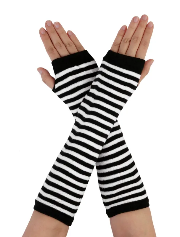 Fingerless Stripes Printed Elbow Arm Long Gloves Winter Warmers sold by Allegra K