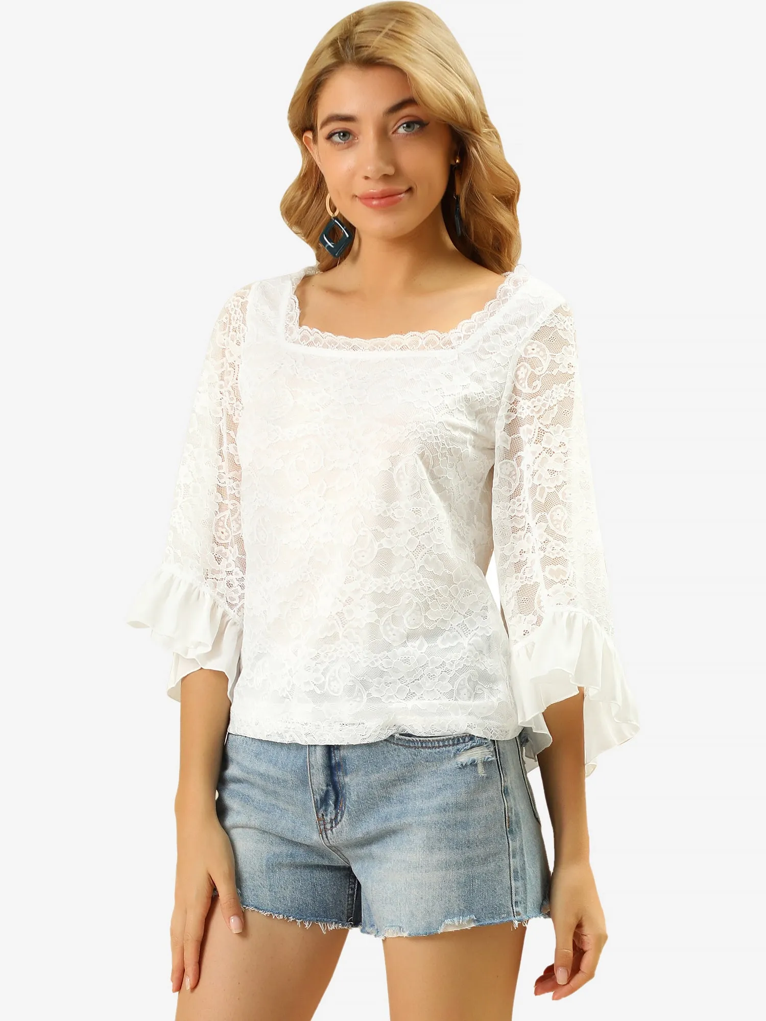 Square Neck Flare 3/4 Sleeve Floral Lace Blouse sold by Allegra K