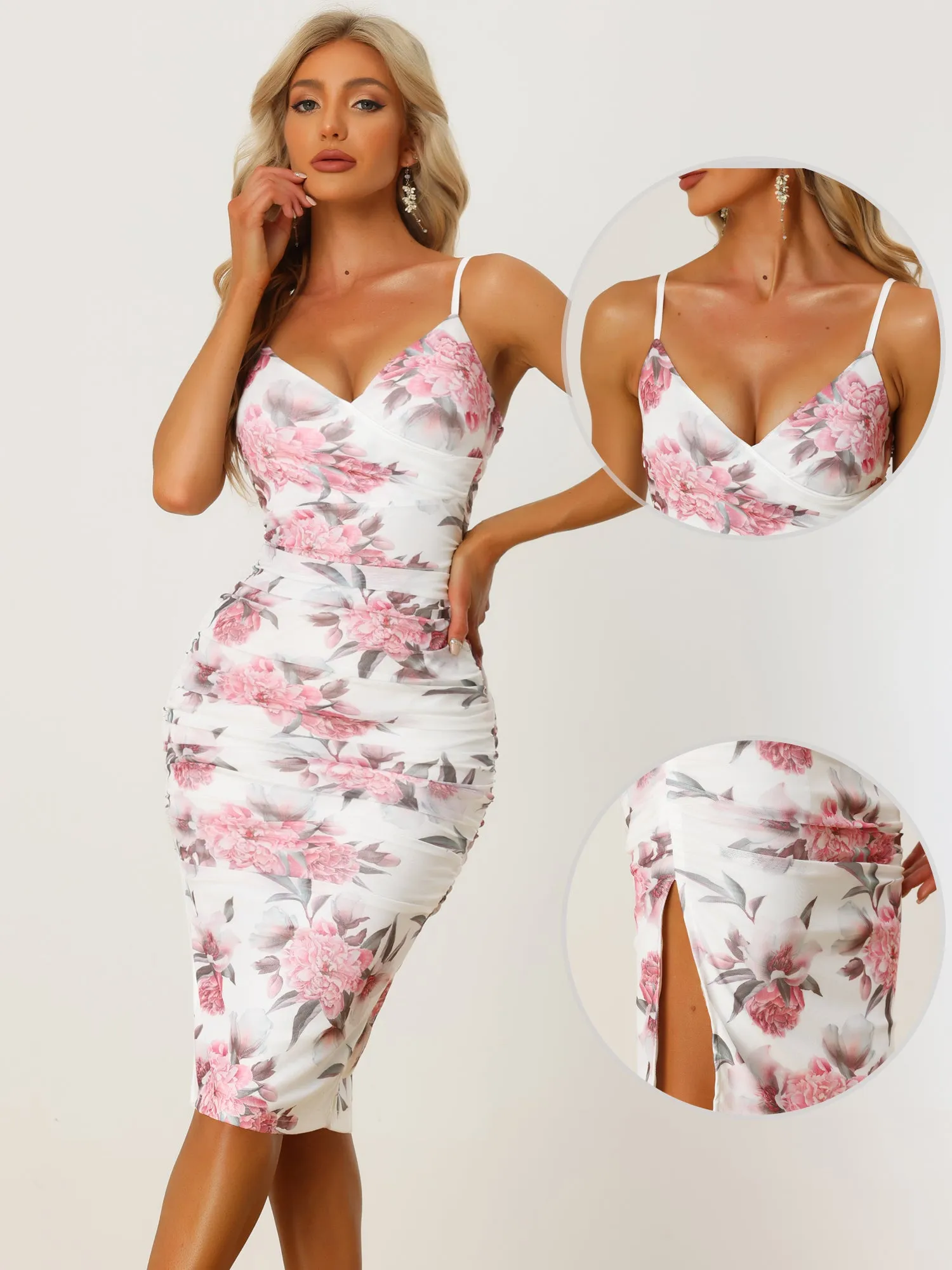 Floral Spaghetti Strap Cami Ruched Side Slit Summer Bodycon Dress sold by Allegra K product image thumbnail 2