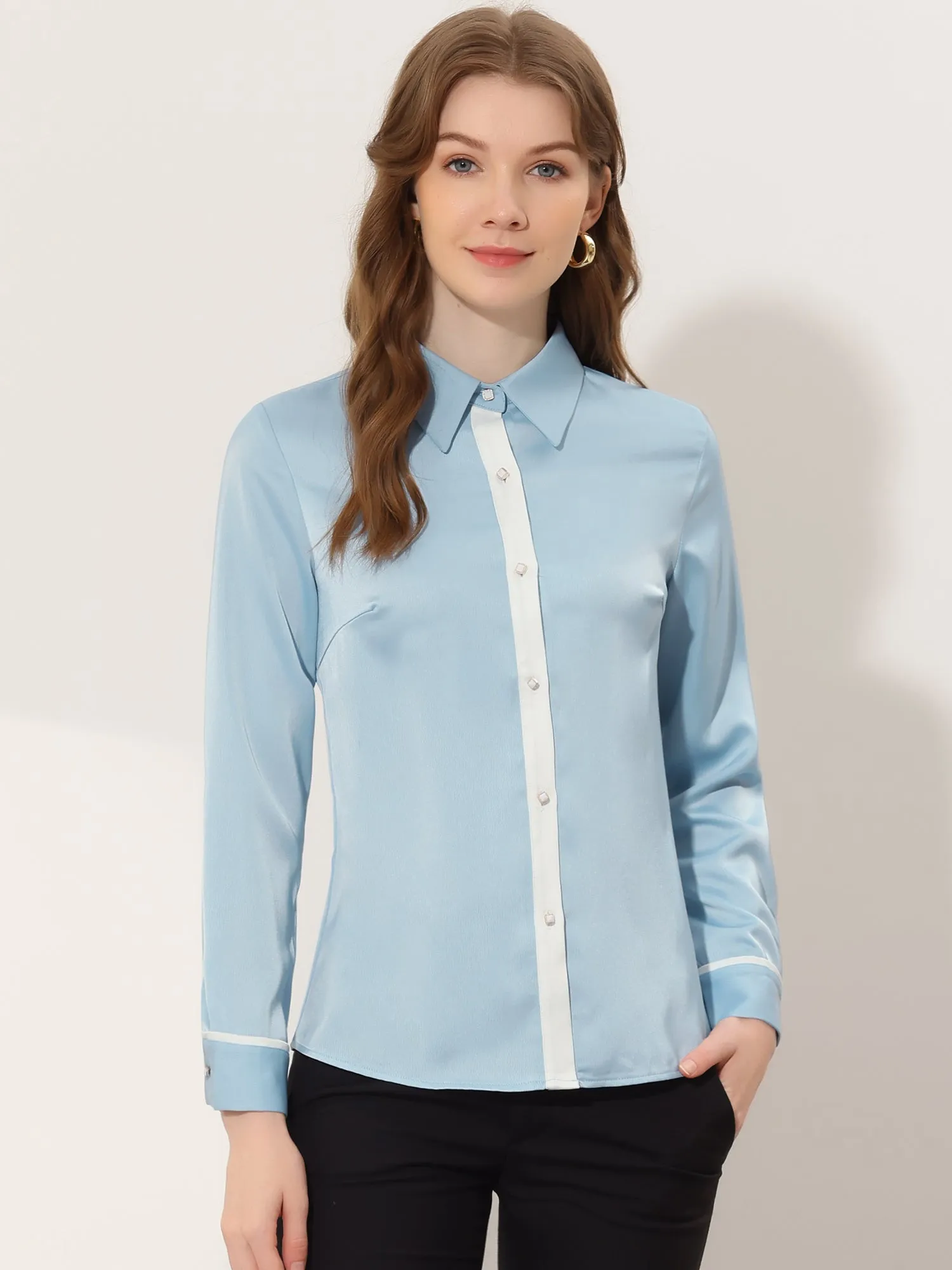 Work Office Long Sleeve Contrast Trim Button Up Satin Blouse Shirt sold by Allegra K product image thumbnail 5