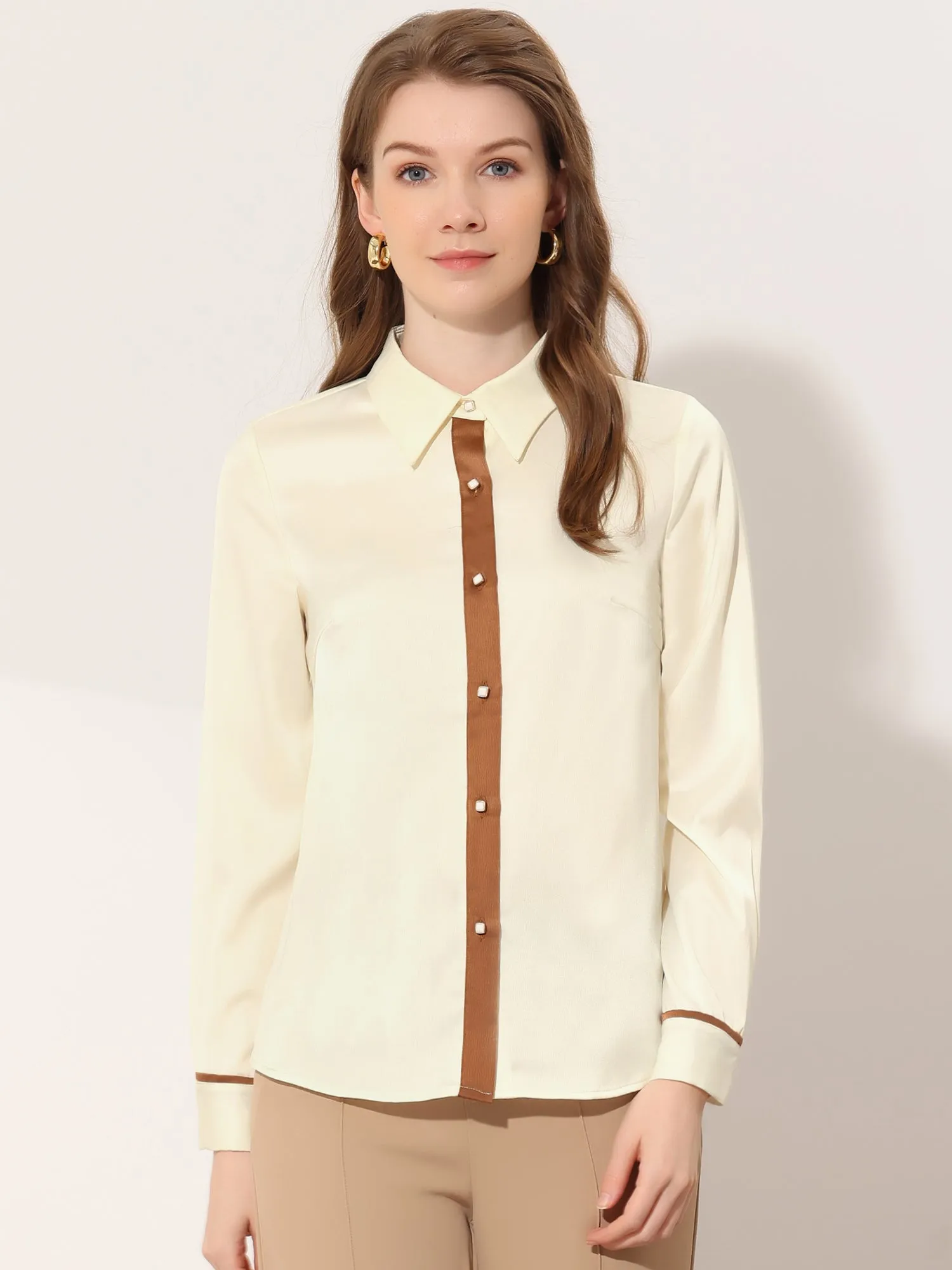 Work Office Long Sleeve Contrast Trim Button Up Satin Blouse Shirt sold by Allegra K