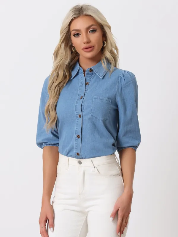 3/4 Puff Sleeve Collar Button Down Jean Denim Shirt sold by Allegra K