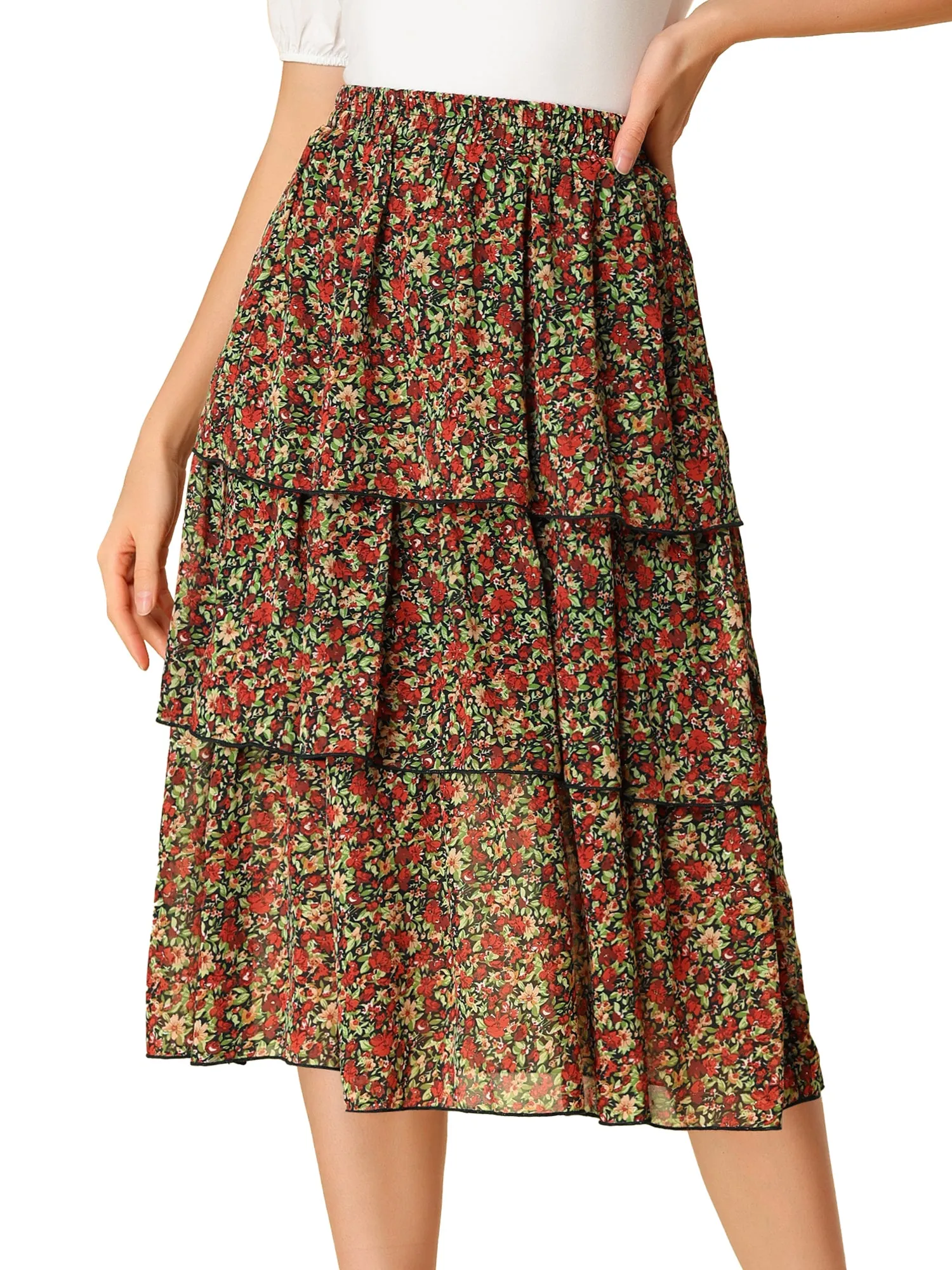 Floral Ruffle Hem High Waist Layered Midi Skirt sold by Allegra K product image thumbnail 3