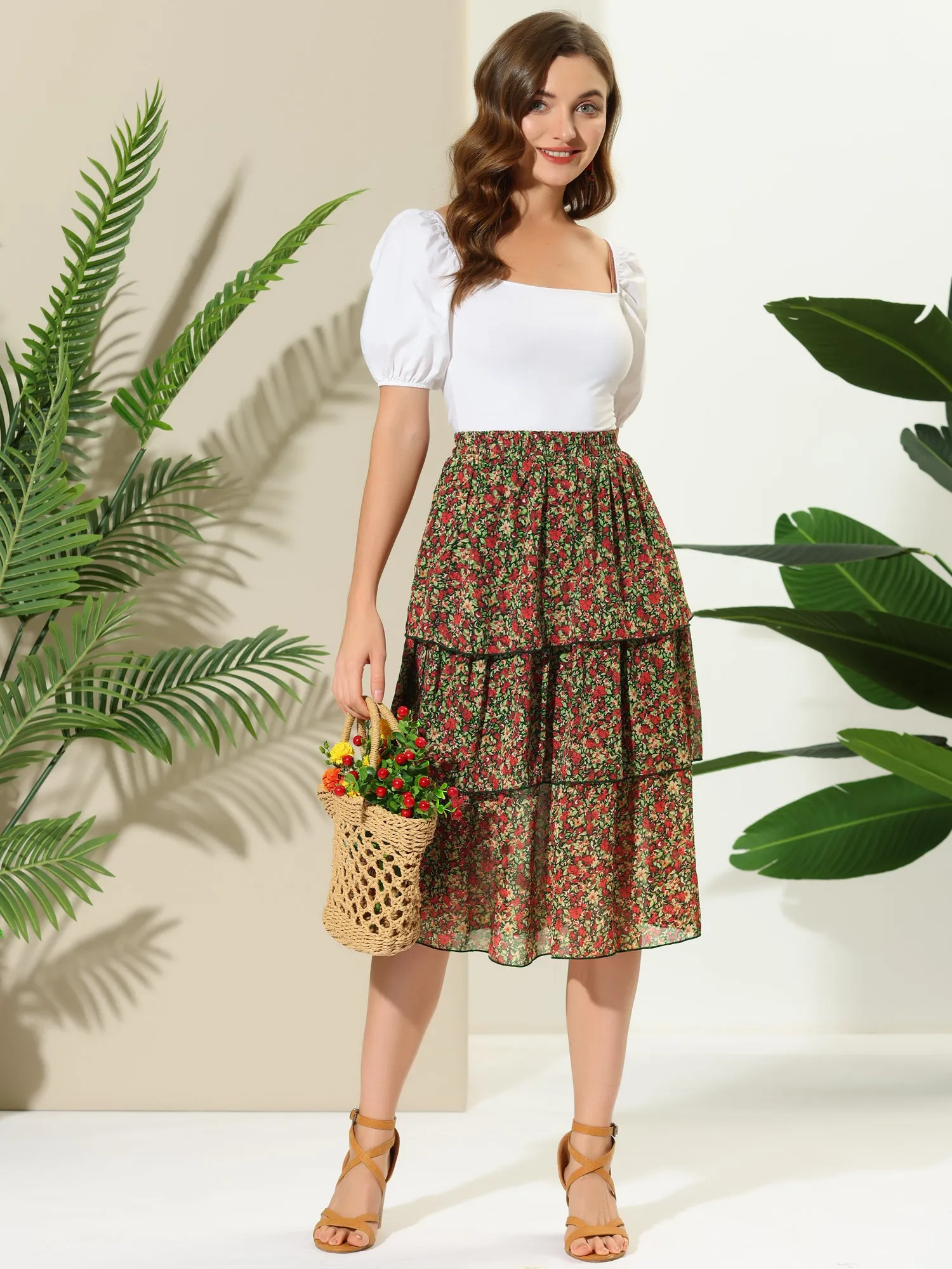 Floral Ruffle Hem High Waist Layered Midi Skirt sold by Allegra K product image thumbnail 2