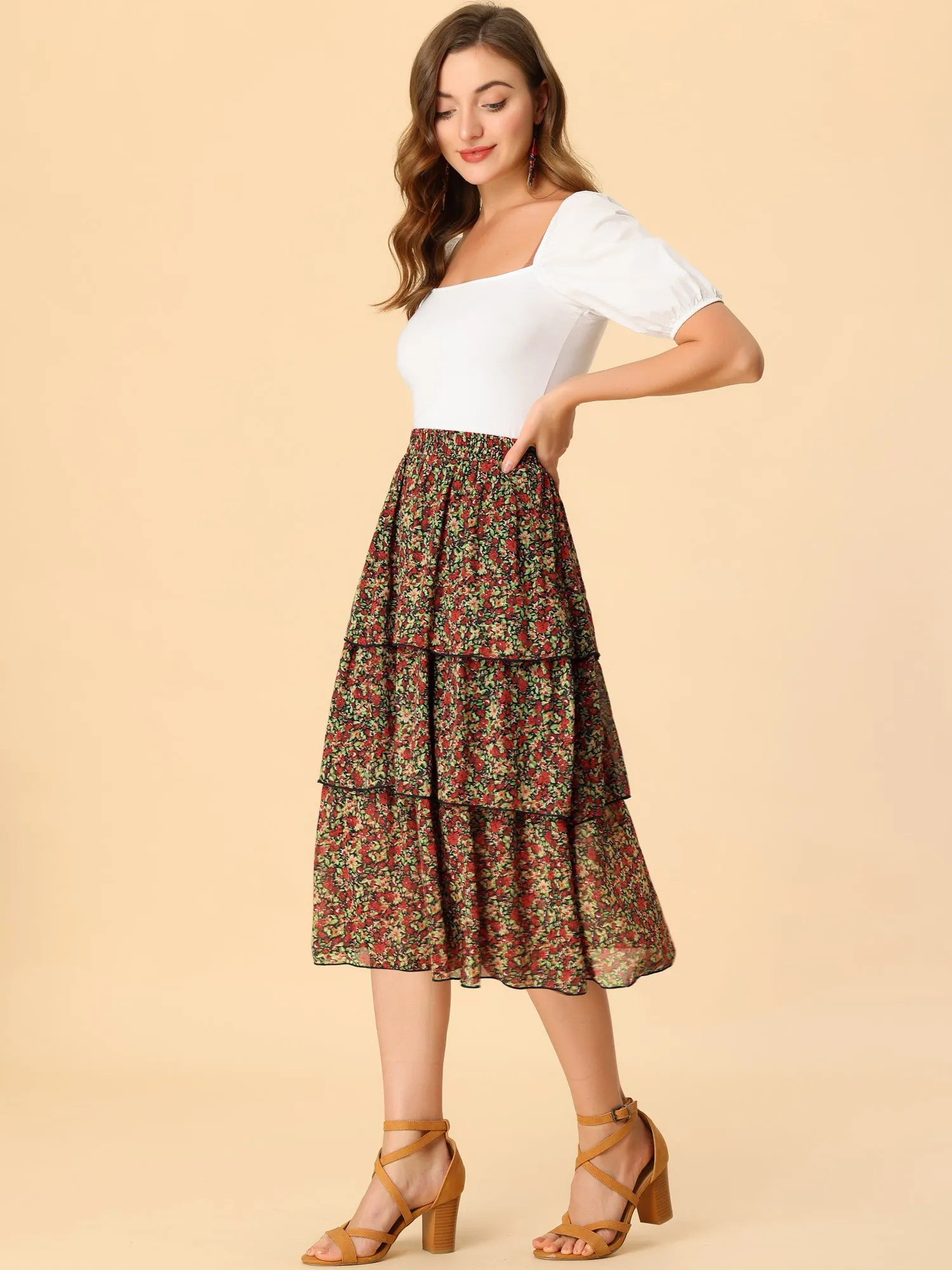 Floral Ruffle Hem High Waist Layered Midi Skirt sold by Allegra K