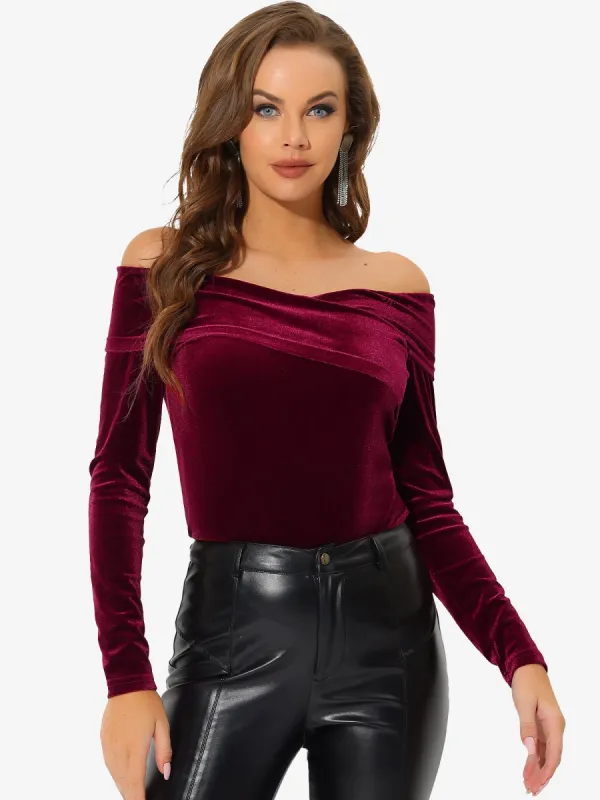 Velvet Top Slim Fit Long Sleeve Off Shoulder Blouse sold by Allegra K