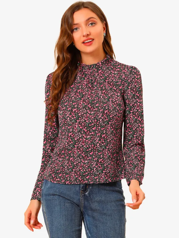 Floral Print Top Long Sleeve Ruffle Mock Neck Blouse sold by Allegra K