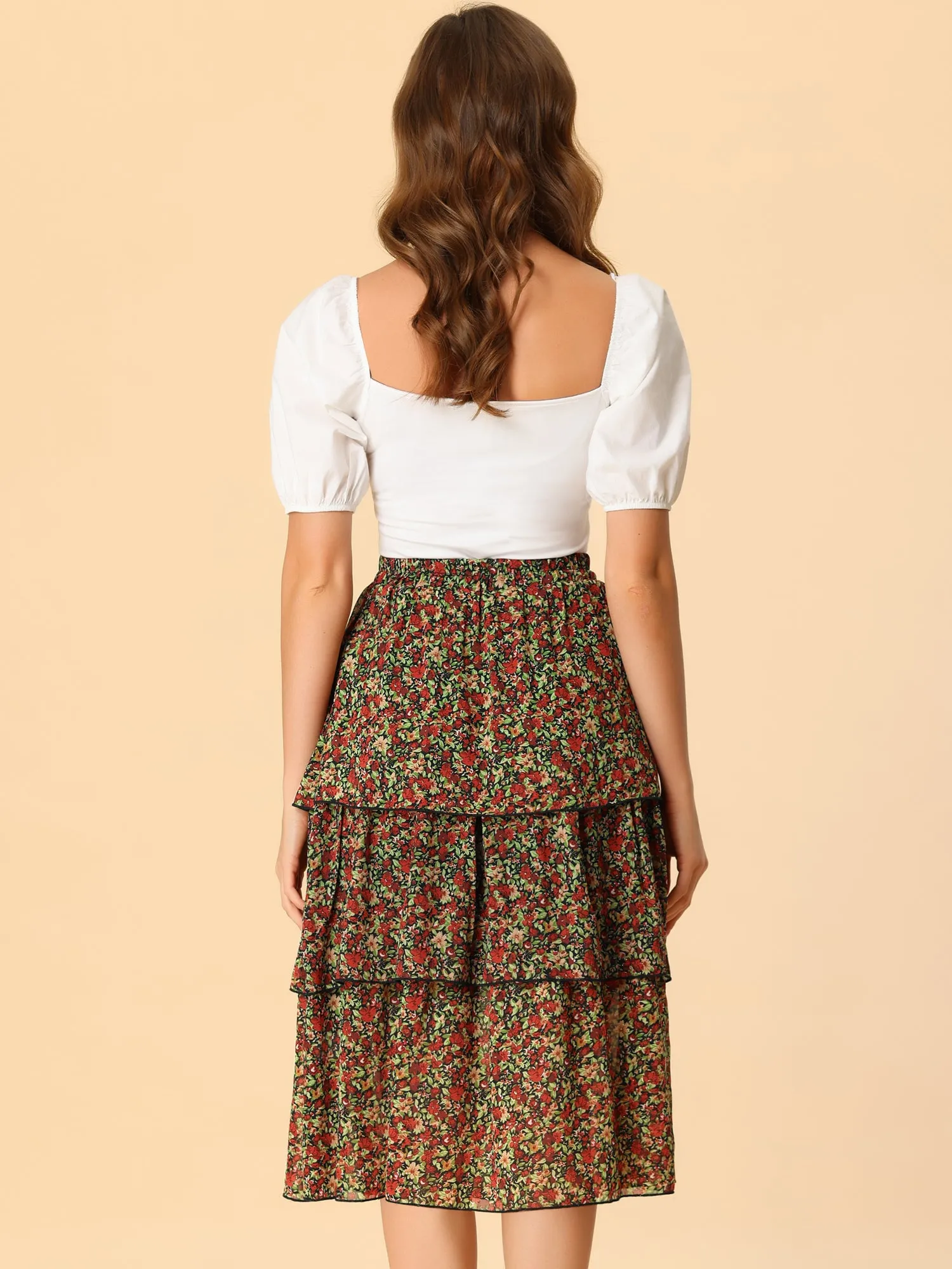 Floral Ruffle Hem High Waist Layered Midi Skirt sold by Allegra K product image thumbnail 5