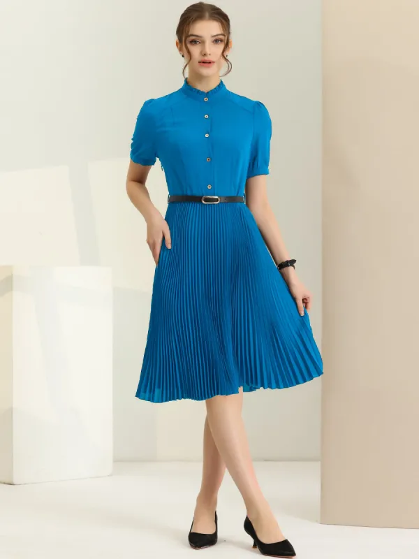 Short Sleeve Ruffle Stand Neck Belted Waist Pleated A Line Midi Dress sold by Allegra K