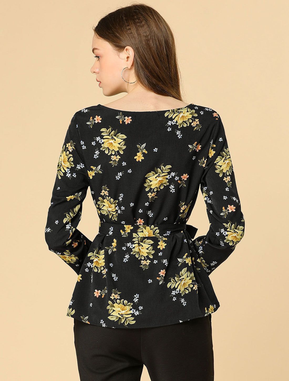 Floral Tie Waist Blouse Belted Vintage Round Neck Work Top sold by Allegra K product image thumbnail 3
