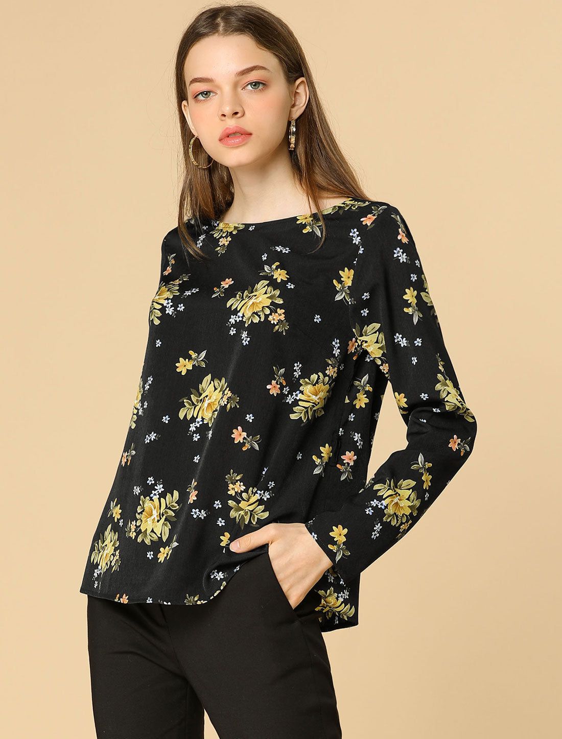 Floral Tie Waist Blouse Belted Vintage Round Neck Work Top sold by Allegra K product image thumbnail 4