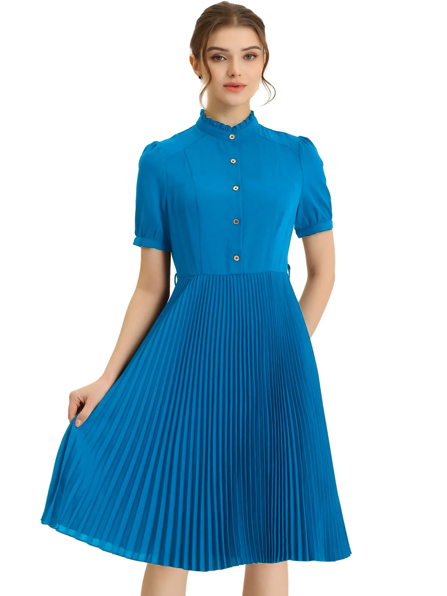 Short Sleeve Ruffle Stand Neck Belted Waist Pleated A Line Midi Dress sold by Allegra K product image thumbnail 5