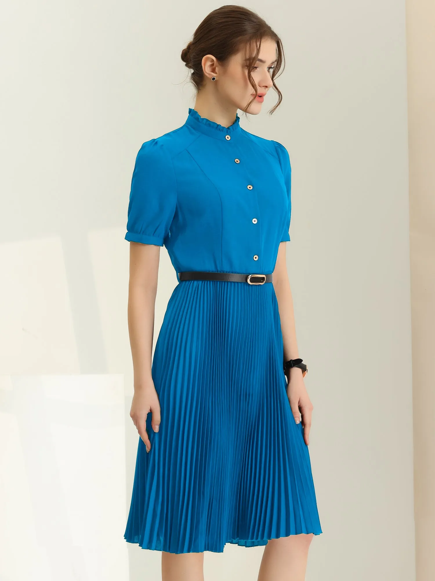 Short Sleeve Ruffle Stand Neck Belted Waist Pleated A Line Midi Dress sold by Allegra K product image thumbnail 2