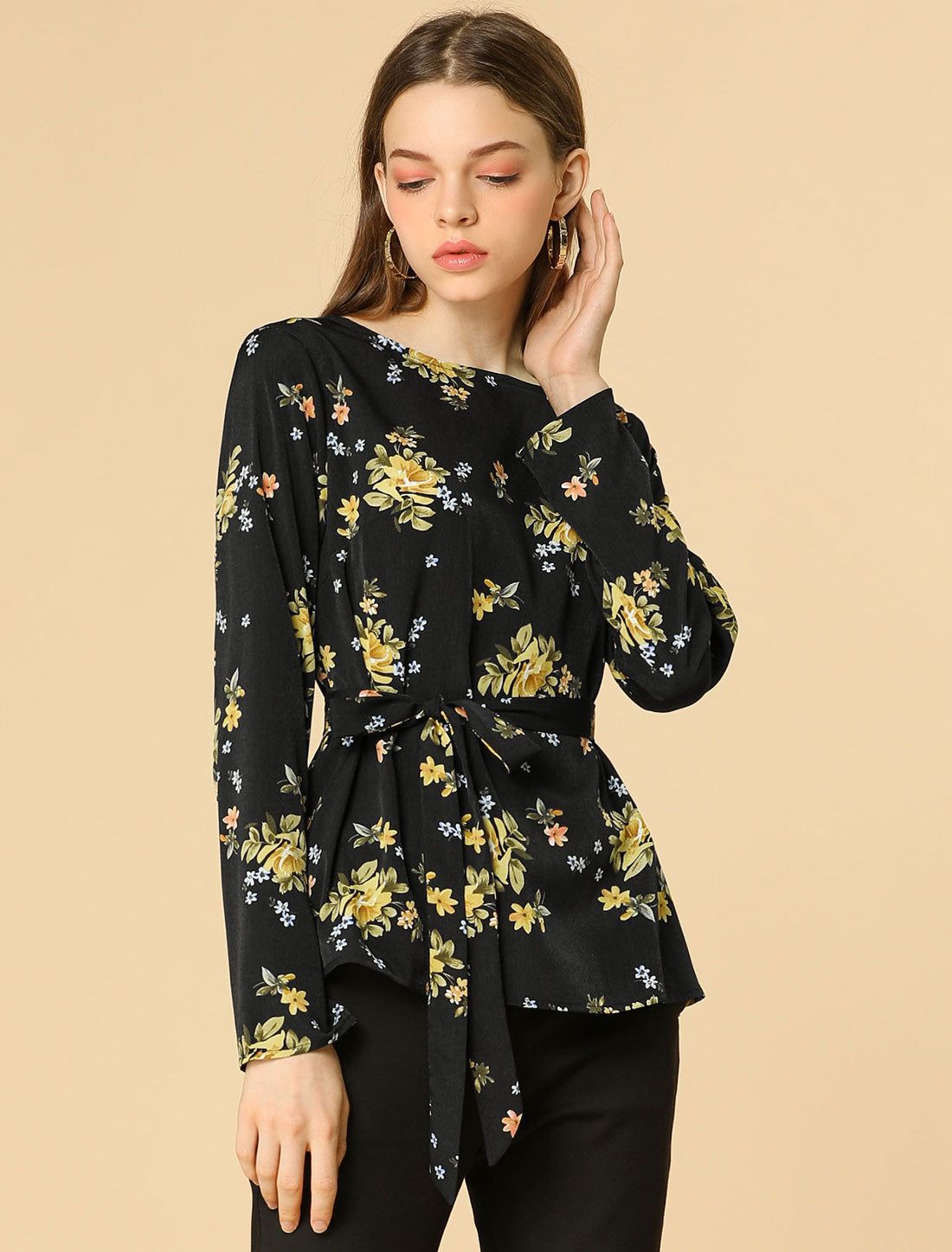 Floral Tie Waist Blouse Belted Vintage Round Neck Work Top sold by Allegra K product image thumbnail 2