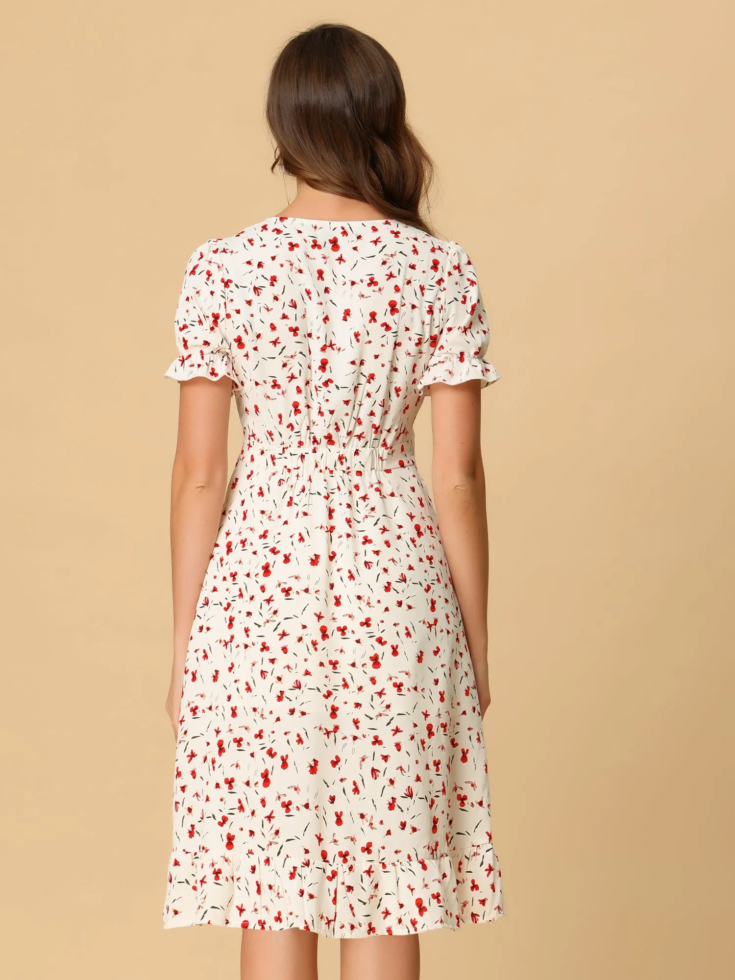 Chiffon V Neck Slit Puff Sleeve Floral Midi Dress sold by Allegra K product image thumbnail 4