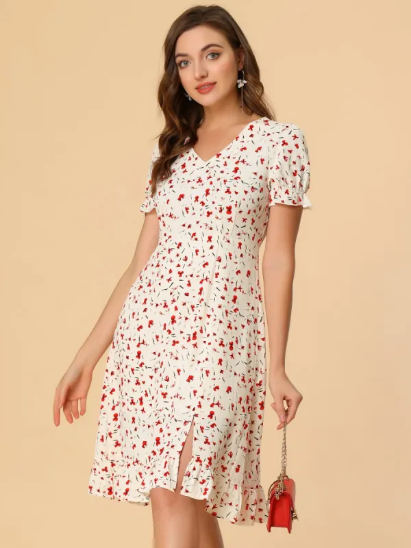 Chiffon V Neck Slit Puff Sleeve Floral Midi Dress sold by Allegra K