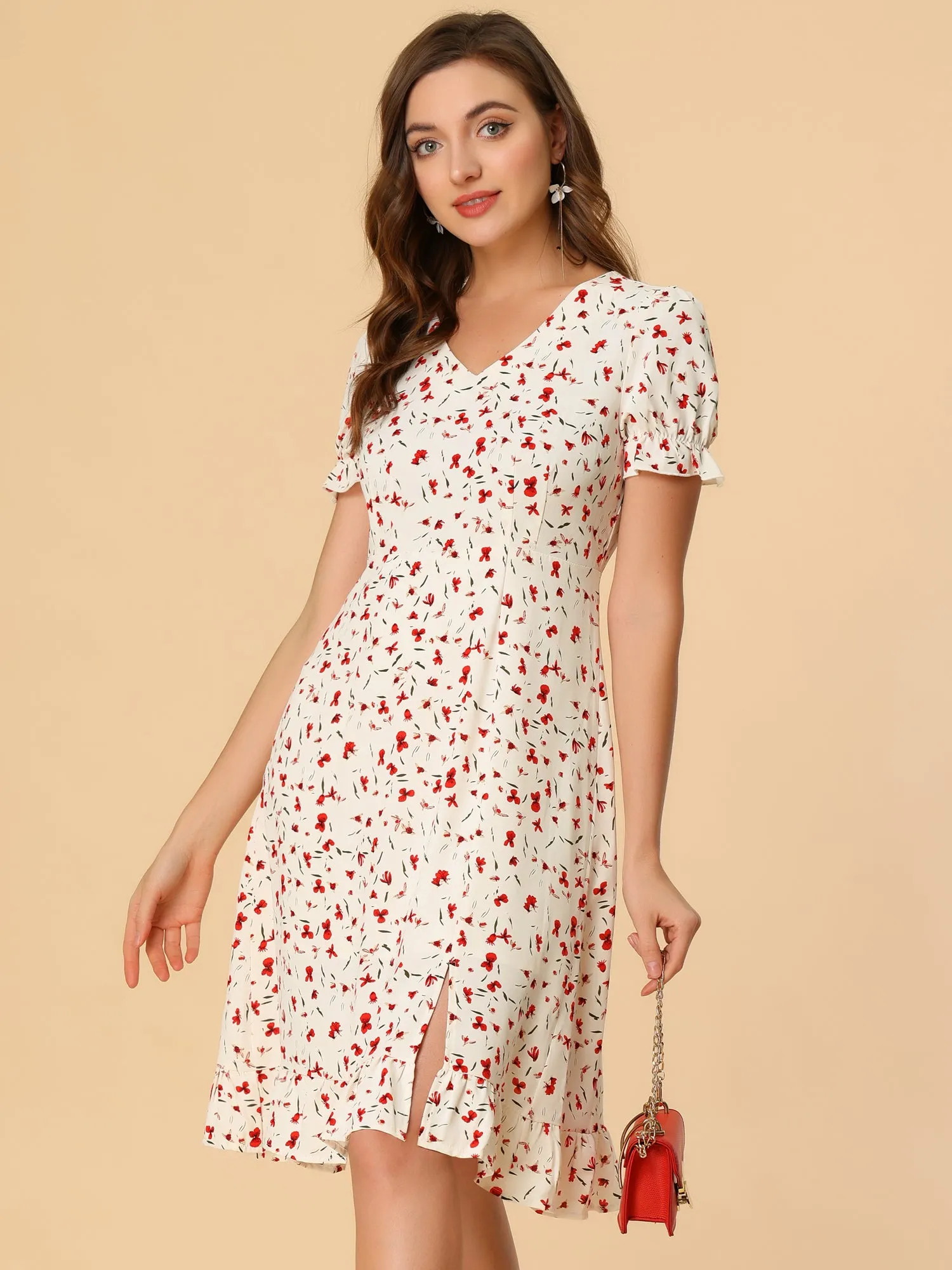 Chiffon V Neck Slit Puff Sleeve Floral Midi Dress sold by Allegra K