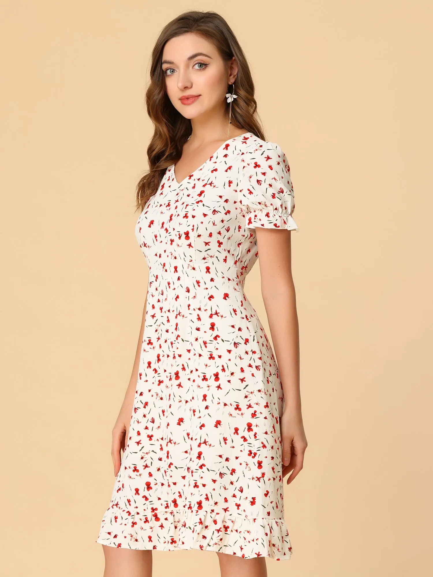 Chiffon V Neck Slit Puff Sleeve Floral Midi Dress sold by Allegra K product image thumbnail 3
