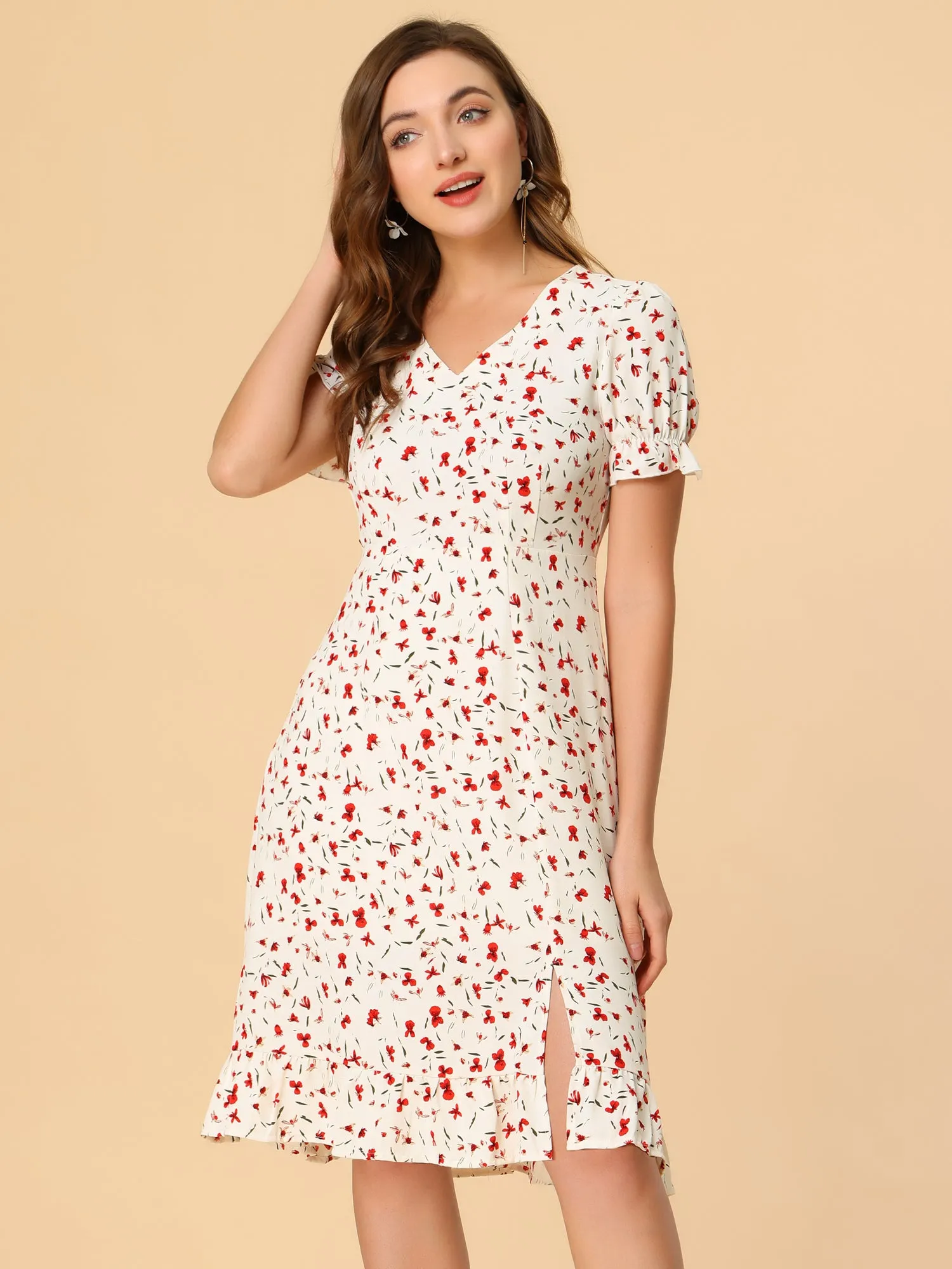 Chiffon V Neck Slit Puff Sleeve Floral Midi Dress sold by Allegra K product image thumbnail 2