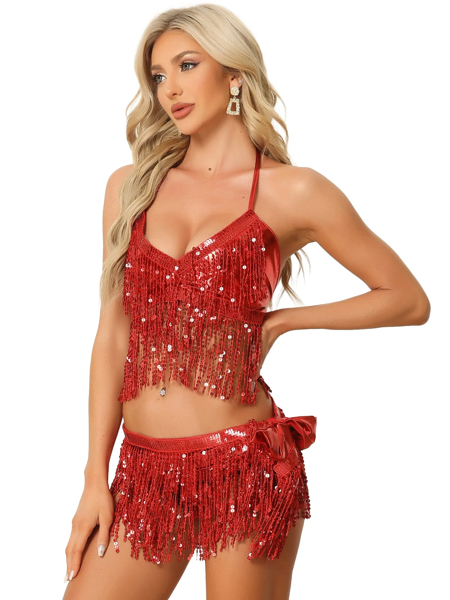 2 Pieces Sequins Tassel Halter Backless Crop Top & Sparkly Dance Shiny Mini Skirts Set sold by Allegra K product image thumbnail 4