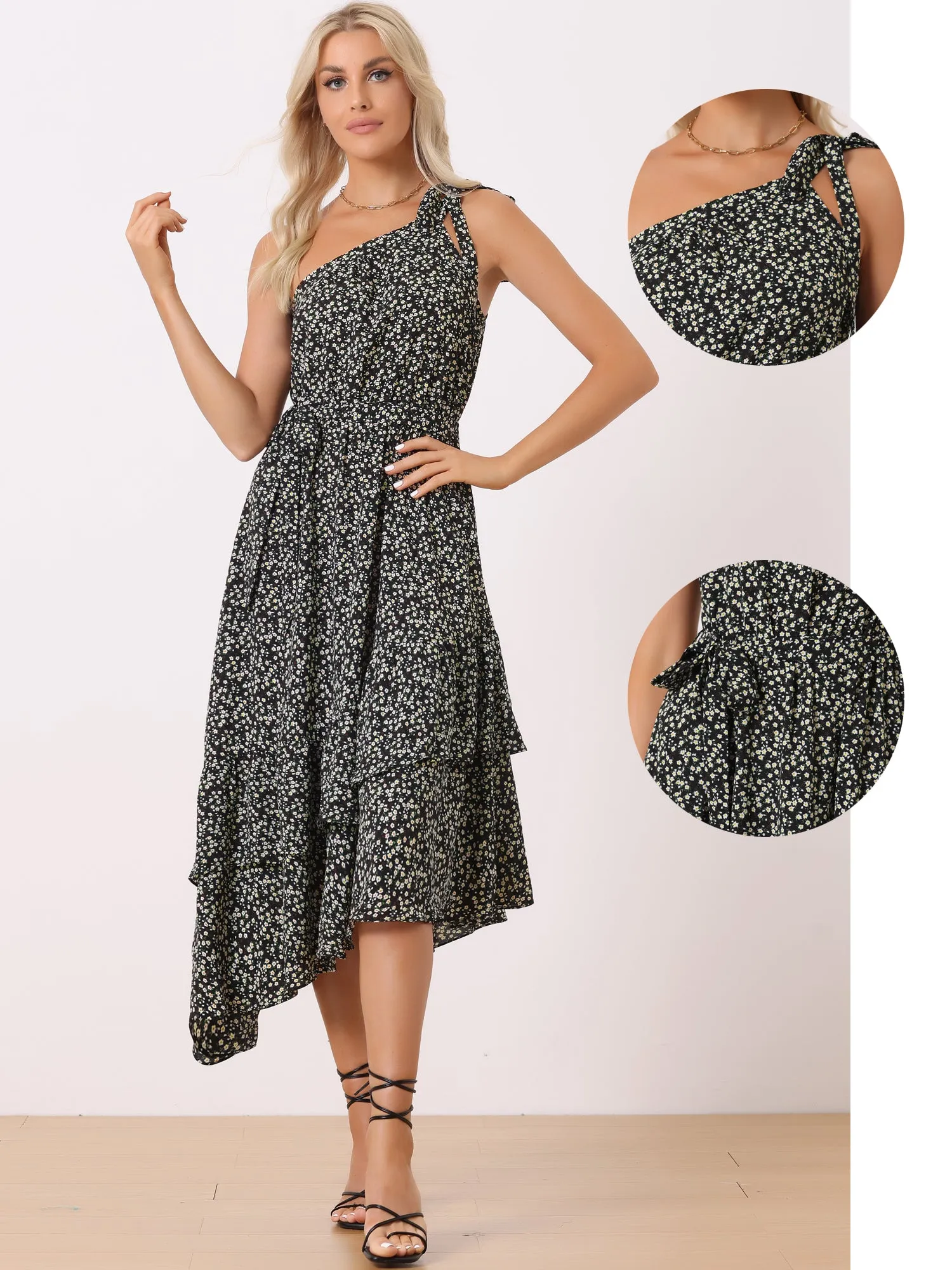 One Shoulder Tie Floral Sleeveless Layered Midi Dress sold by Allegra K product image thumbnail 2