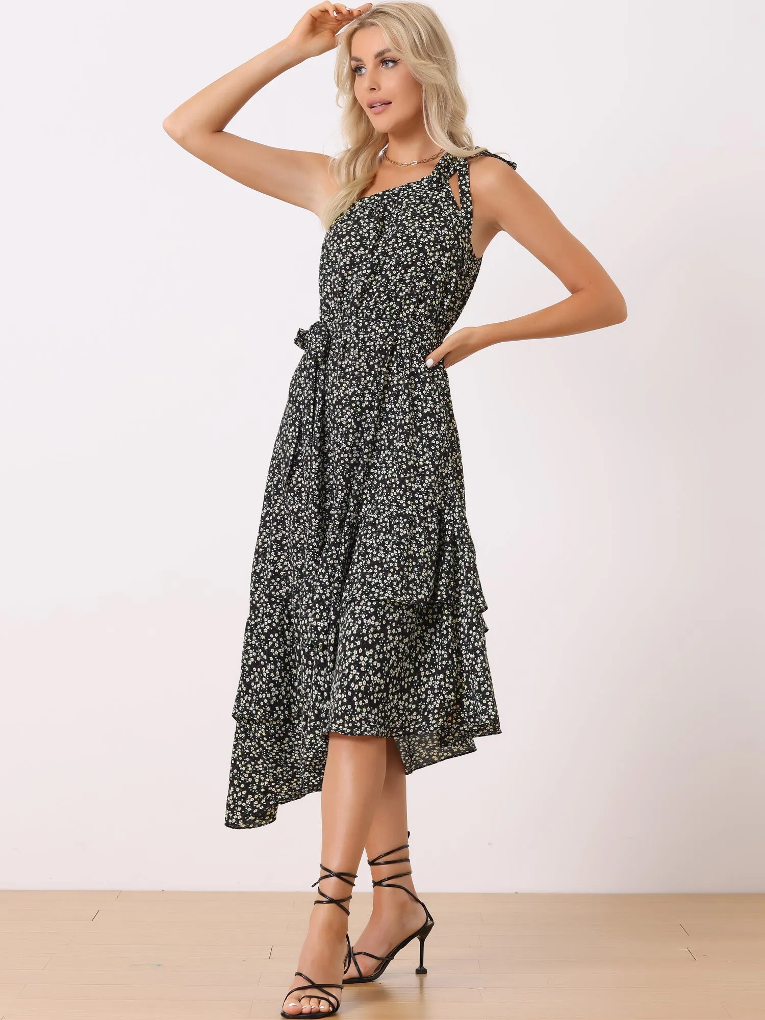 One Shoulder Tie Floral Sleeveless Layered Midi Dress sold by Allegra K