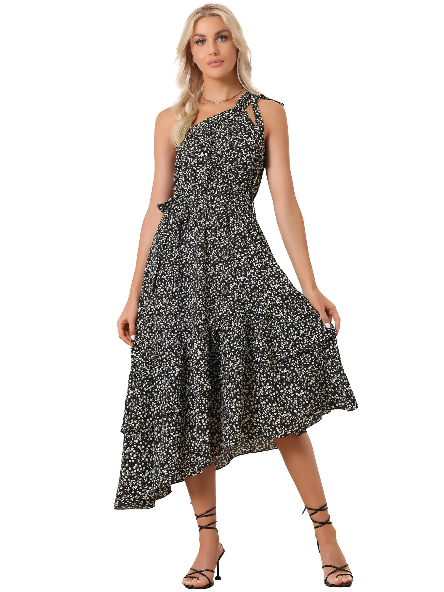 One Shoulder Tie Floral Sleeveless Layered Midi Dress sold by Allegra K product image thumbnail 5