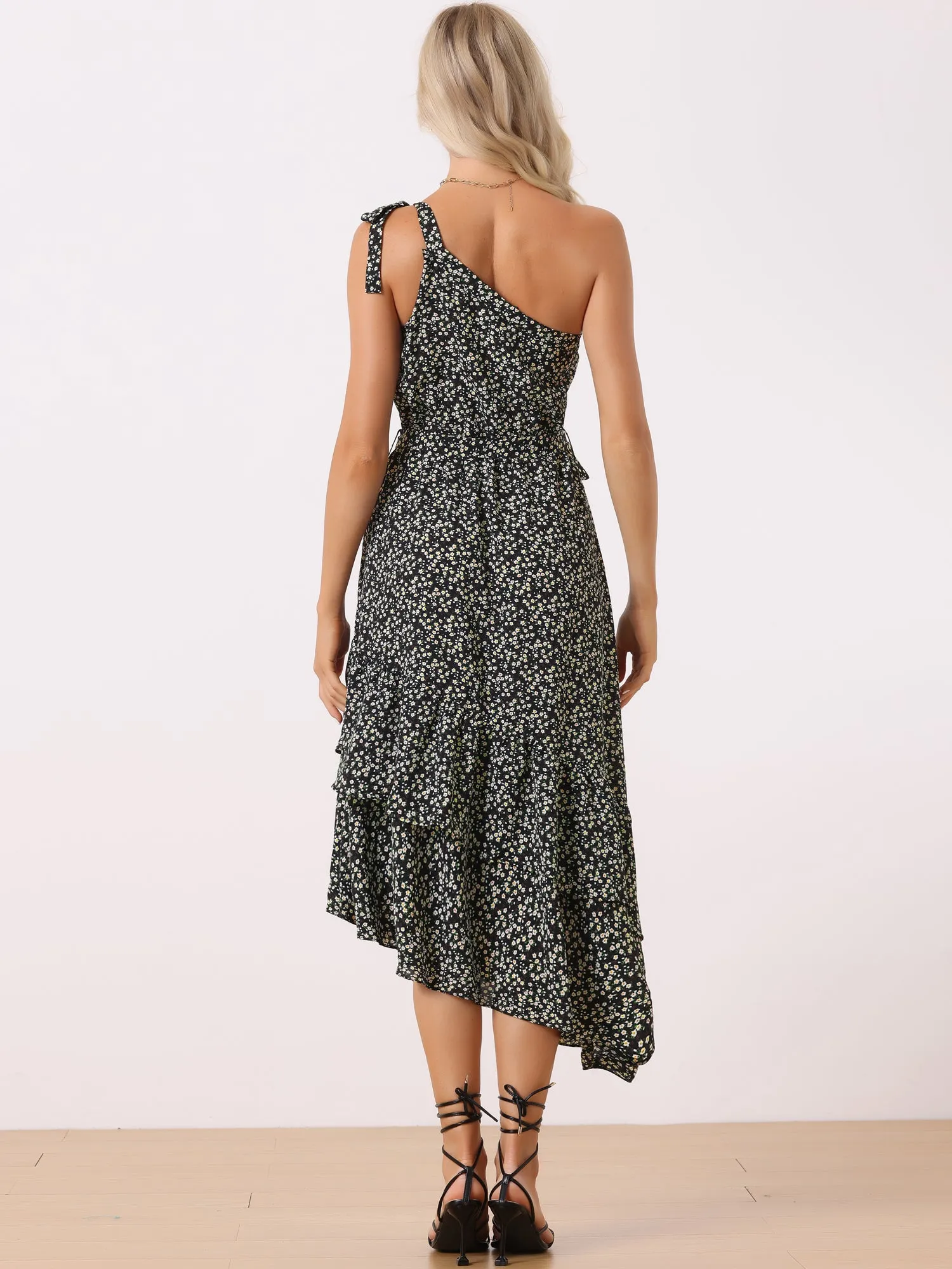 One Shoulder Tie Floral Sleeveless Layered Midi Dress sold by Allegra K product image thumbnail 3