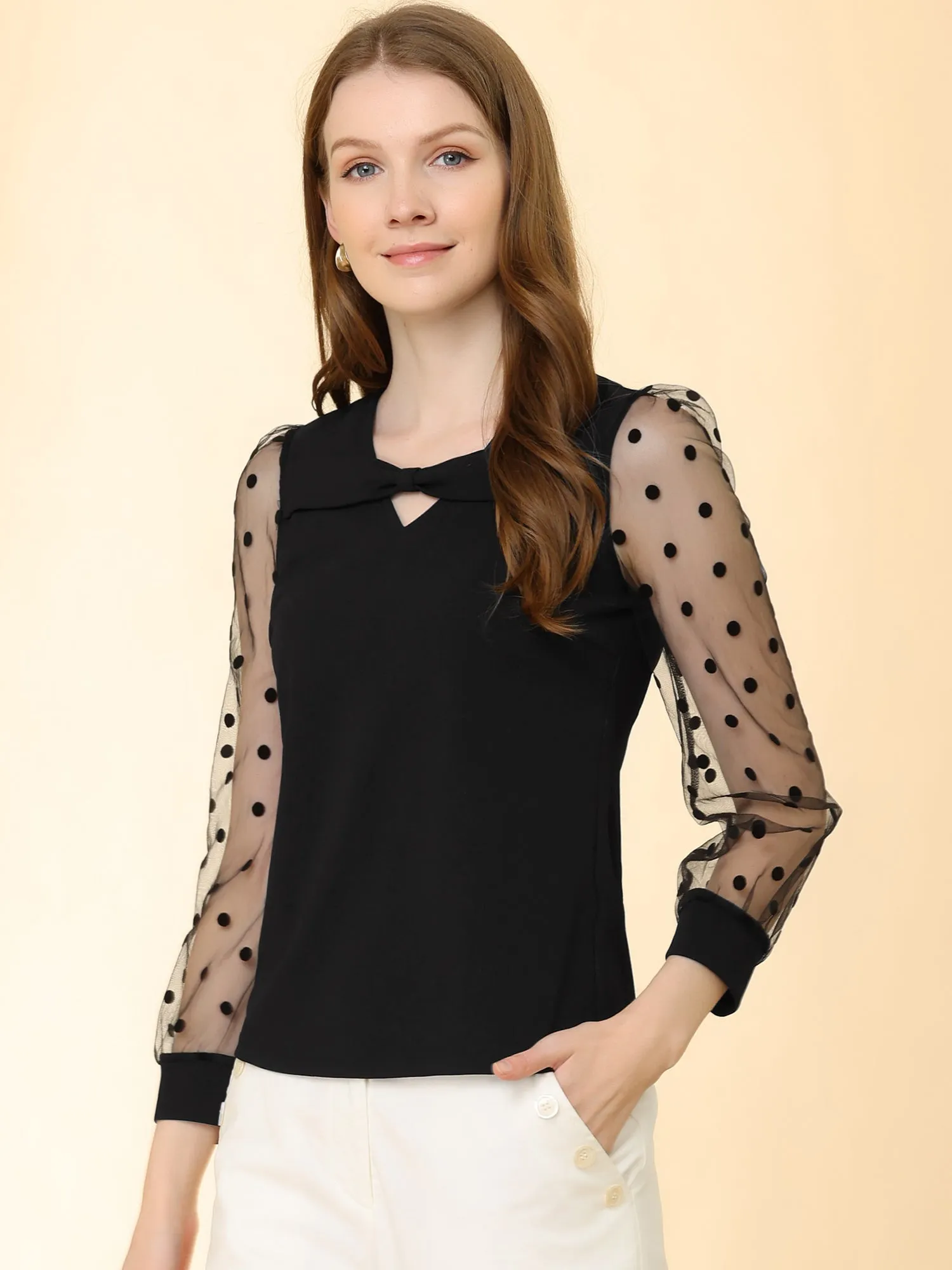 V-Neck Criss Cross Blouse Sheer Mesh Long Sleeve Top sold by Allegra K product image thumbnail 2