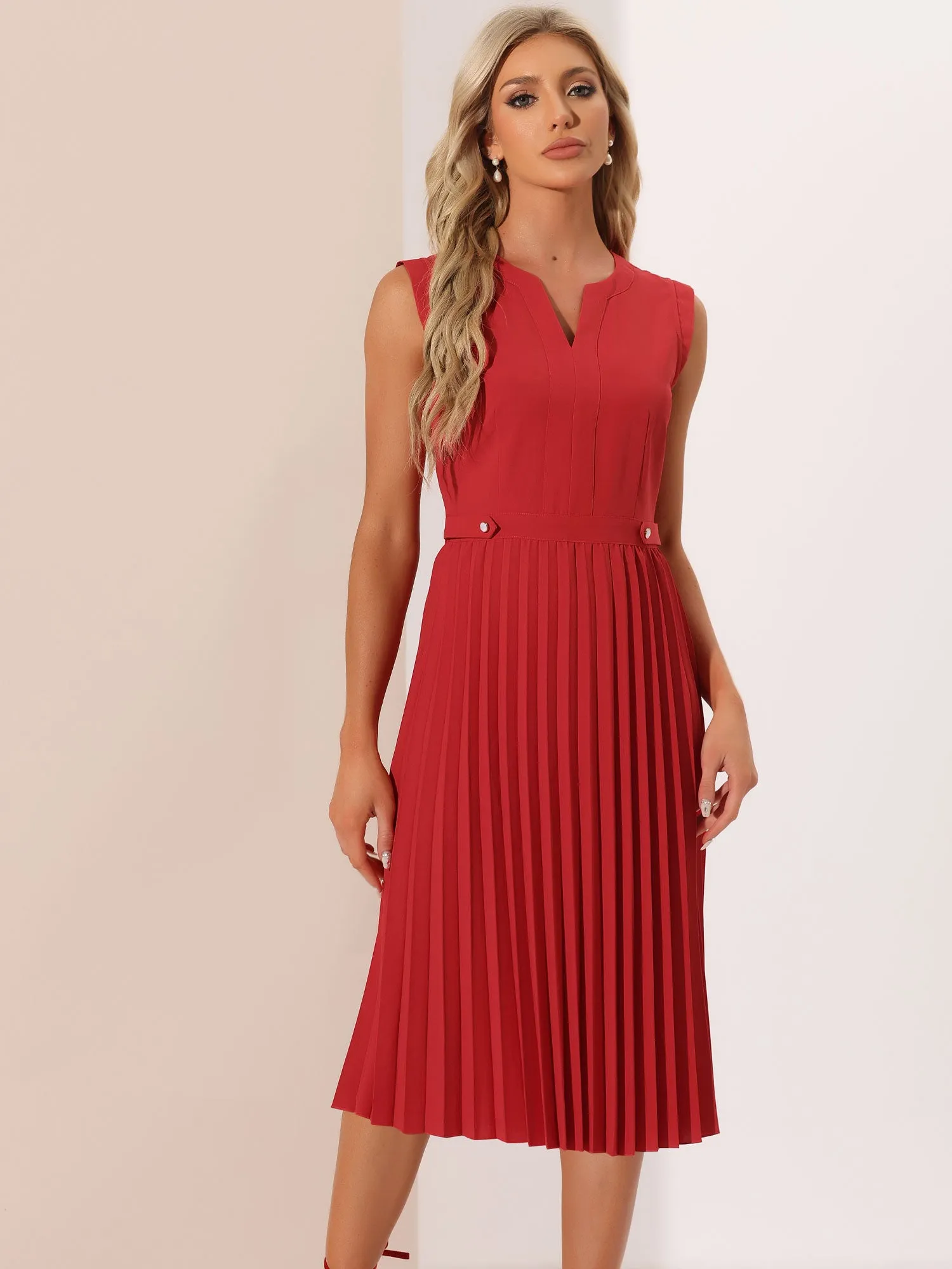 Sleeveless Dress Casual V Neck Button Pleated Midi Dress sold by Allegra K