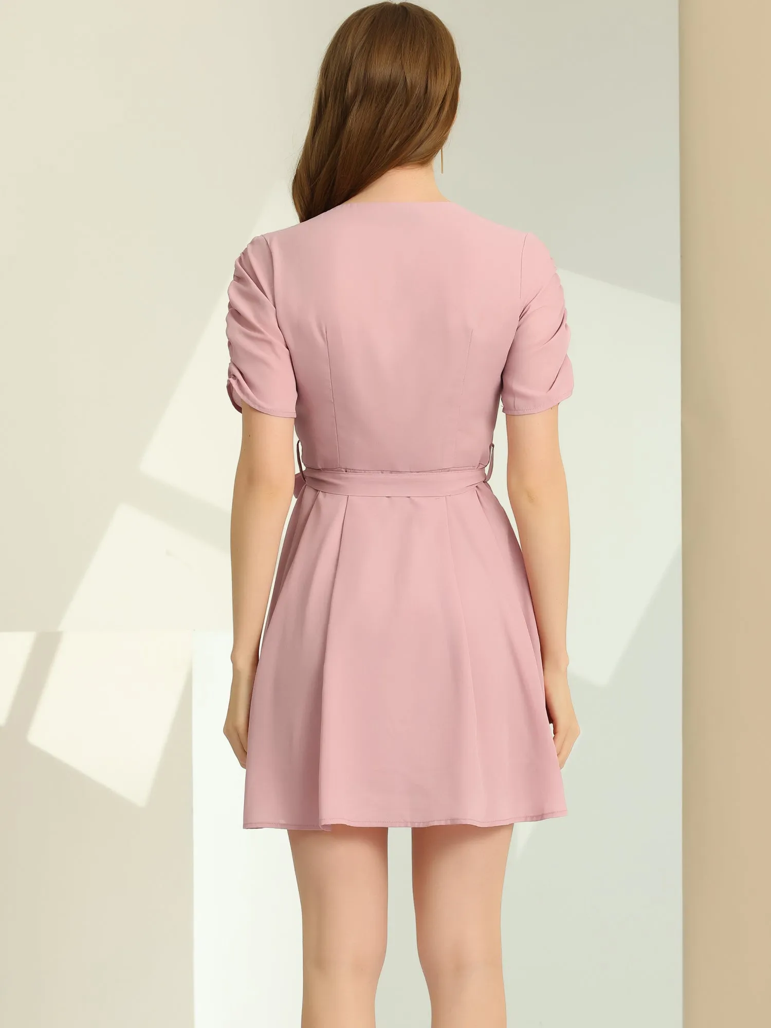 Tie Waist V Neck Ruched Sleeve Pleated Flowy Mini Dress sold by Allegra K product image thumbnail 4