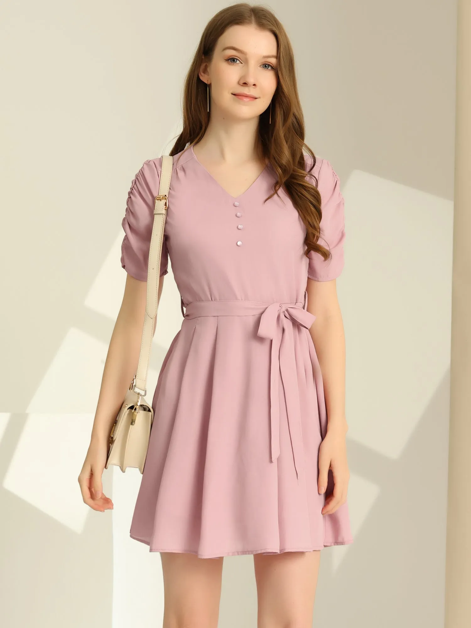 Tie Waist V Neck Ruched Sleeve Pleated Flowy Mini Dress sold by Allegra K