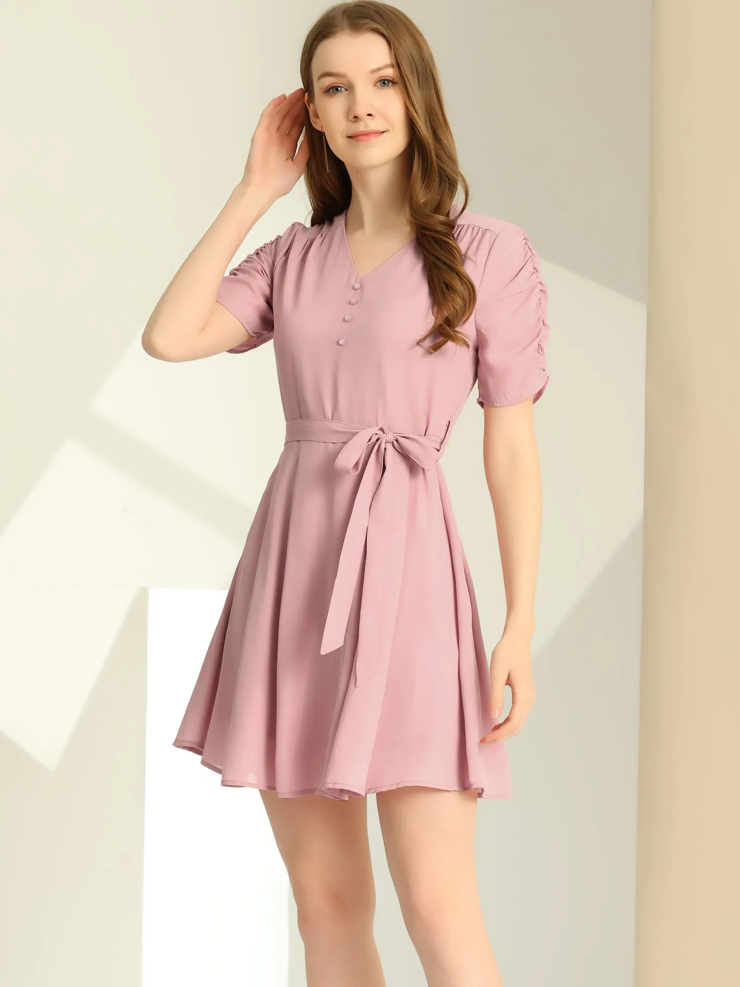 Tie Waist V Neck Ruched Sleeve Pleated Flowy Mini Dress sold by Allegra K product image thumbnail 2