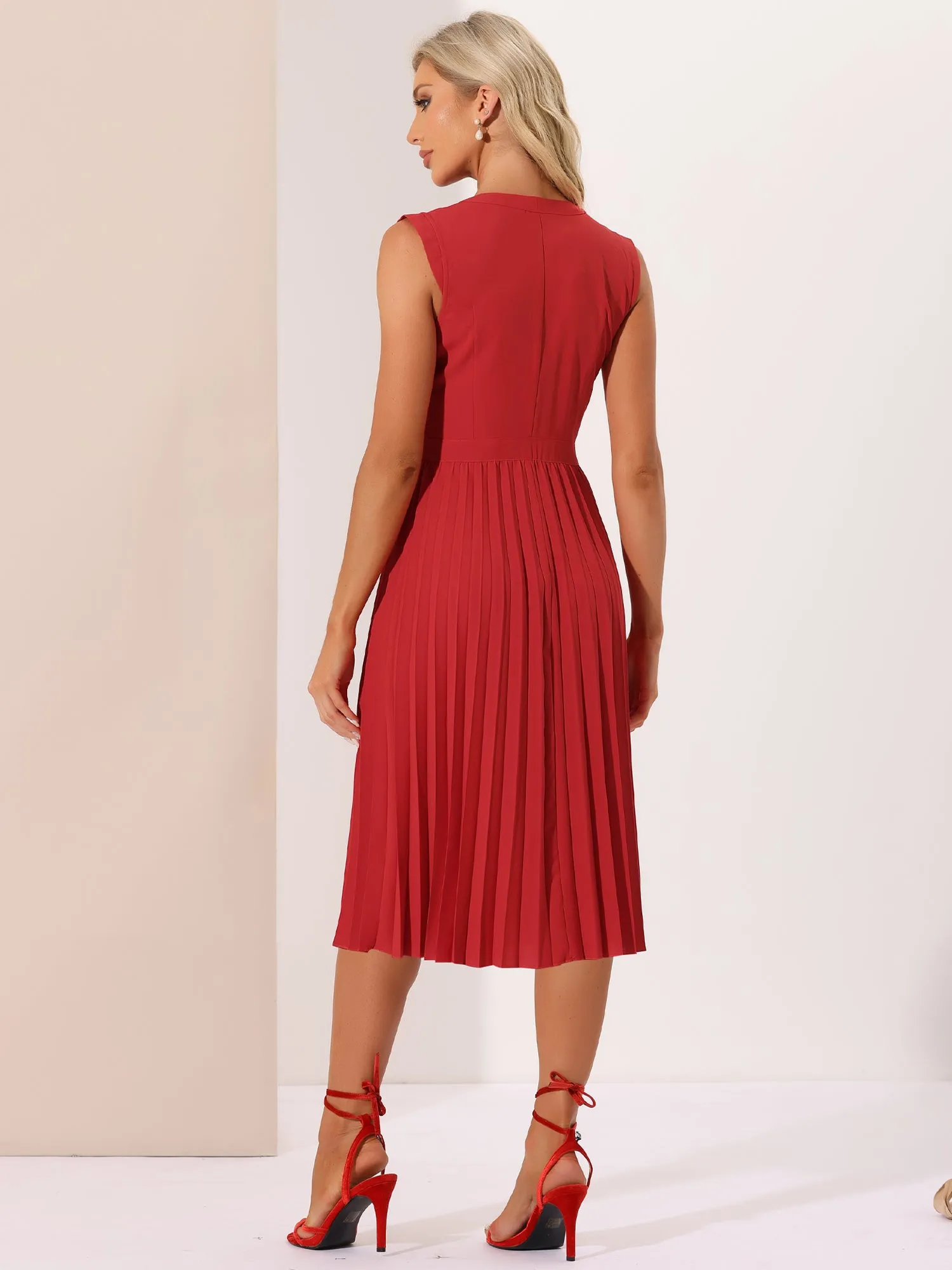 Sleeveless Dress Casual V Neck Button Pleated Midi Dress sold by Allegra K product image thumbnail 3