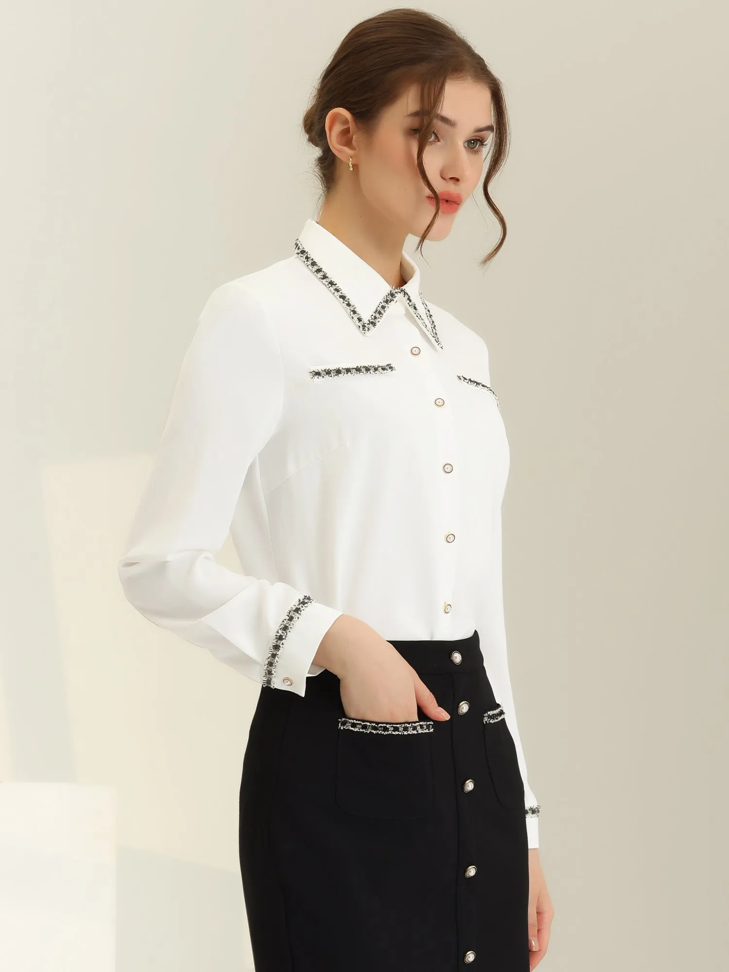 Elegant Contrast Faux Pocket Long Sleeve Button Down Work Shirt sold by Allegra K