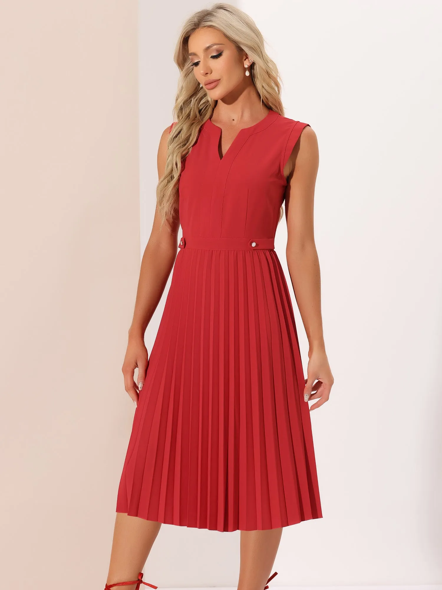 Sleeveless Dress Casual V Neck Button Pleated Midi Dress sold by Allegra K product image thumbnail 2