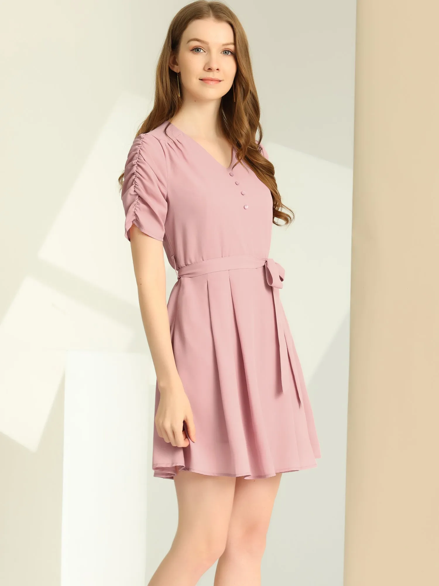 Tie Waist V Neck Ruched Sleeve Pleated Flowy Mini Dress sold by Allegra K product image thumbnail 3