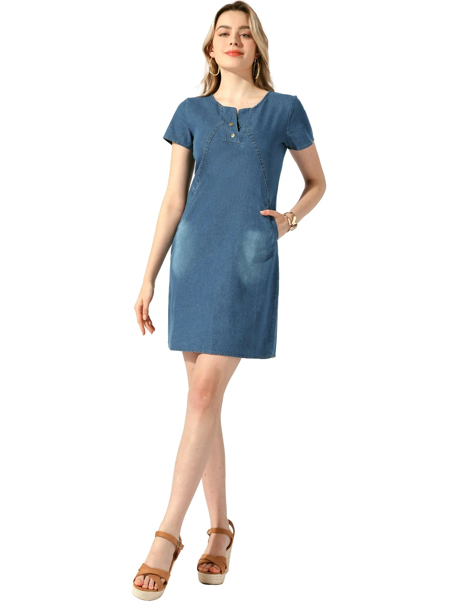 Short Sleeve Denim Side Pockets Cotton Summer Mini Jean Dress sold by Allegra K product image thumbnail 4