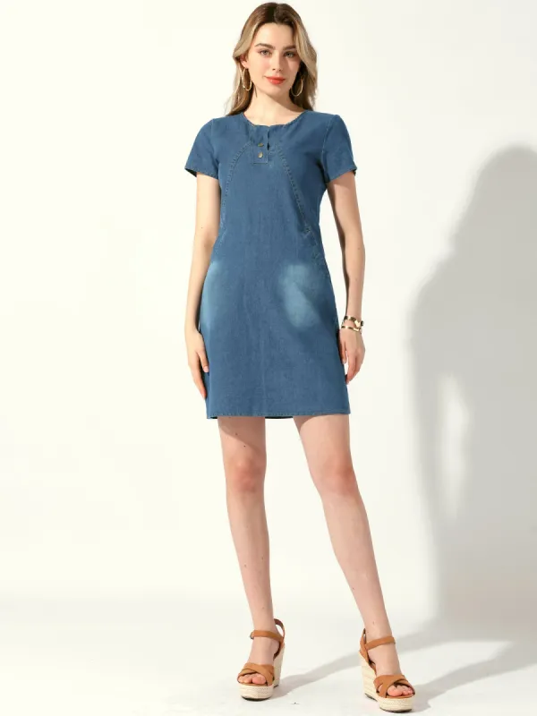 Short Sleeve Denim Side Pockets Cotton Summer Mini Jean Dress sold by Allegra K