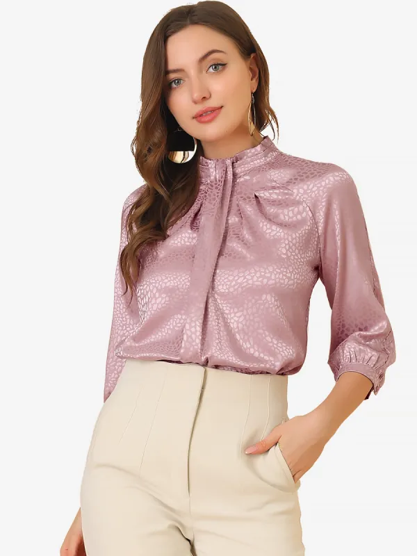 Elegant Satin 3/4 Sleeve Blouse Pleated High Collar Work Top sold by Allegra K